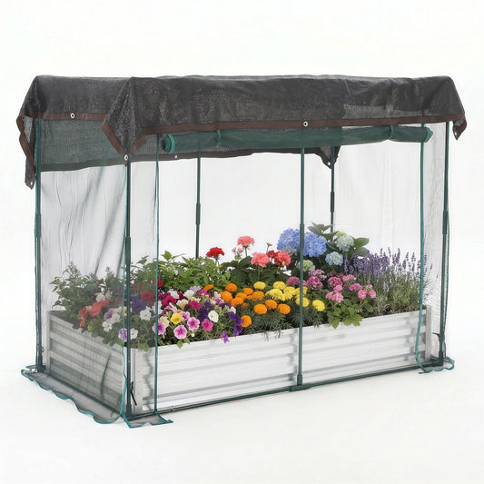 Garvee Silver Galvanized Raised Garden Bed with Crop Cage, 6×3×1ft Metal Planter Box with Plant Protection Net & Shade Cloth Roof, Zippered Doors Outdoor Garden Bed for Vegetables Herbs Flowers