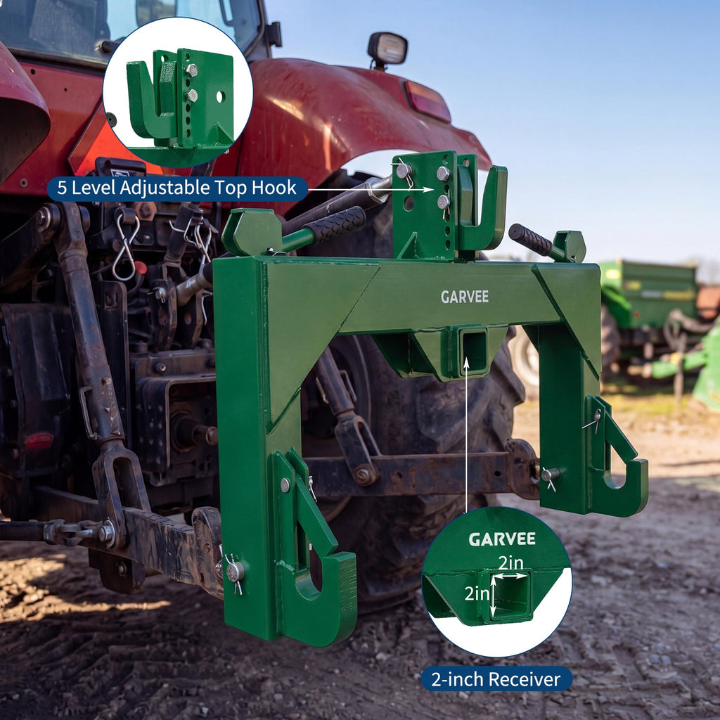 Garvee Heavy Duty 3-Point Quick Hitch Tool Set for Category 1 Tractors - Upgraded Versatile Adapter, 2" Receiver, 5-Level Adjustable Bolt, 3000 lbs Capacity, Quick Attach, Trailer Hitch Attachment - Green