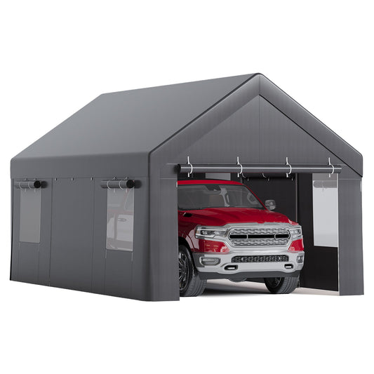Garvee 10' x 20' Portable Carport, 4 Roll-Up Doors, 4 Vent Windows, Waterproof PE Cover, Galvanized Steel Frame for Cars, Trucks & Boats, Gray