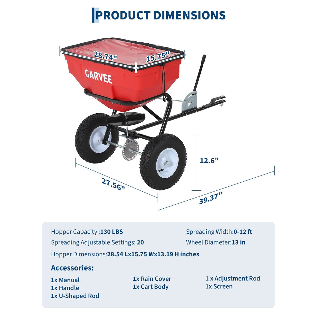 Garvee 130 lb Tow-Behind Broadcast Spreader, Heavy-Duty Lawn & Garden Spreader with 0–12 ft Coverage, Universal Hitch, 13" Pneumatic Tires & 20-Level Flow Control for ATV, UTV & Riding Mower, Red