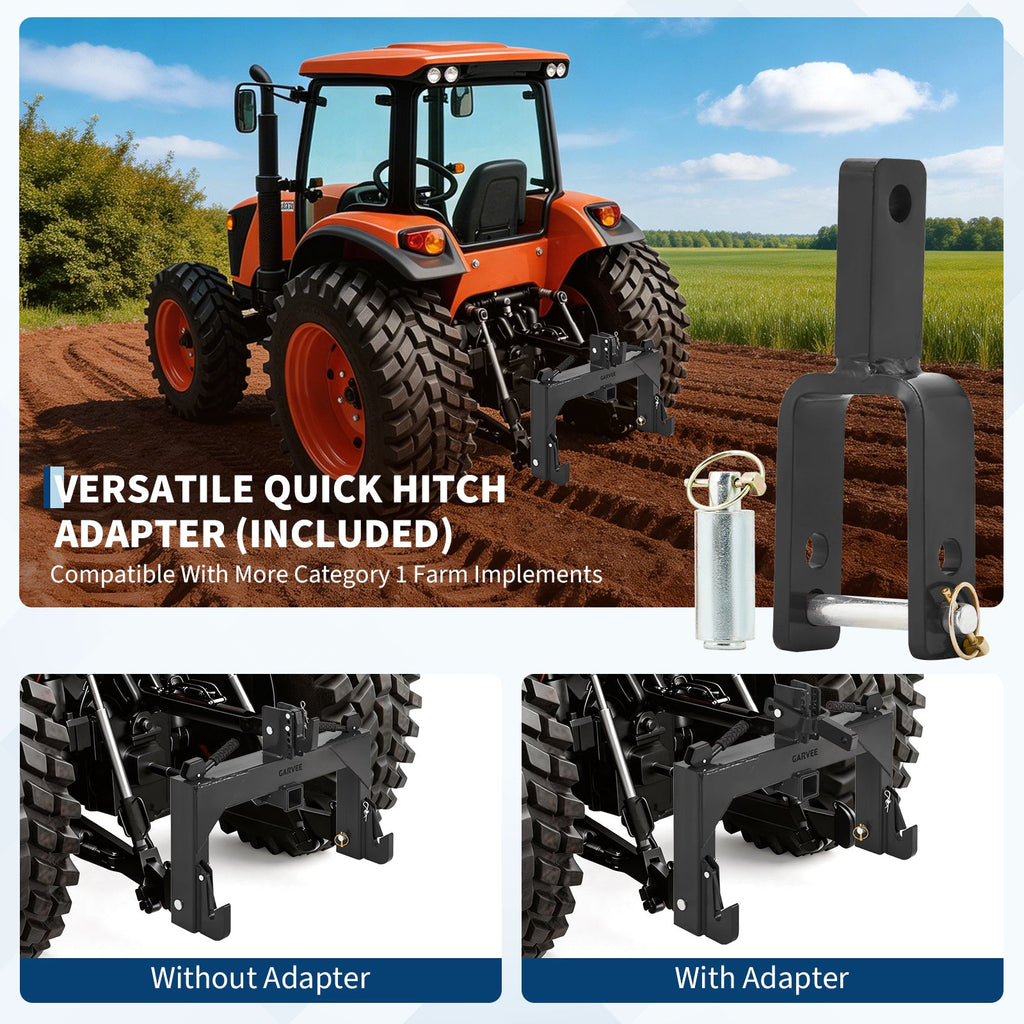 Garvee Heavy-Duty 3-Point Quick Hitch Adapter with 2" Receiver – Reinforced Rib – 3000 lbs Lift – No Bushing Needed – 5-Level Adjustable Bolt – Category 1 Tractor Attachment – Durable Metal – Black Powder Coated Finish