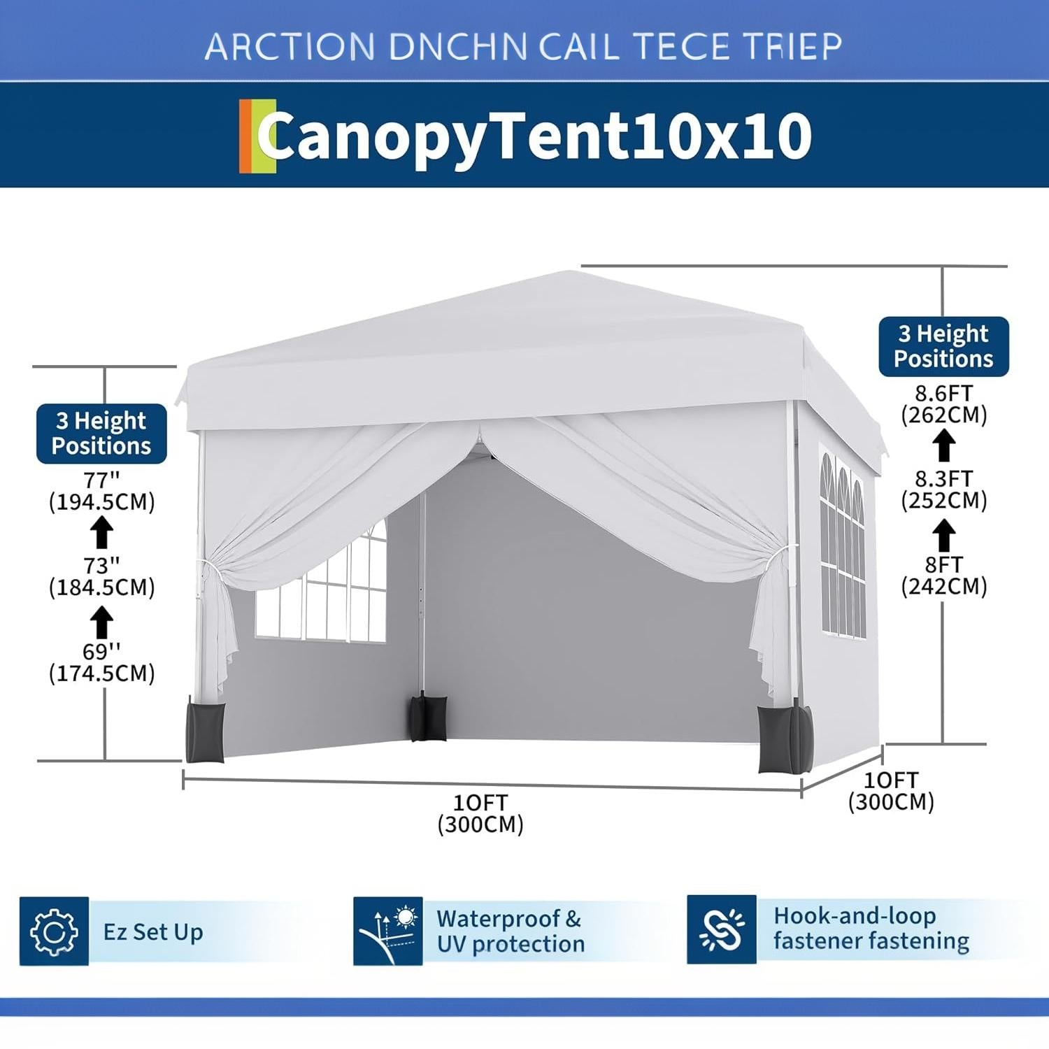 Garvee 10' × 10' Pop Up Canopy Tent with 4 Removable Sidewalls, UPF 50+ Outdoor Shelter with 3 Height Settings, Steel Frame, Carry Bag, Stakes, Ropes and Sandbags, White