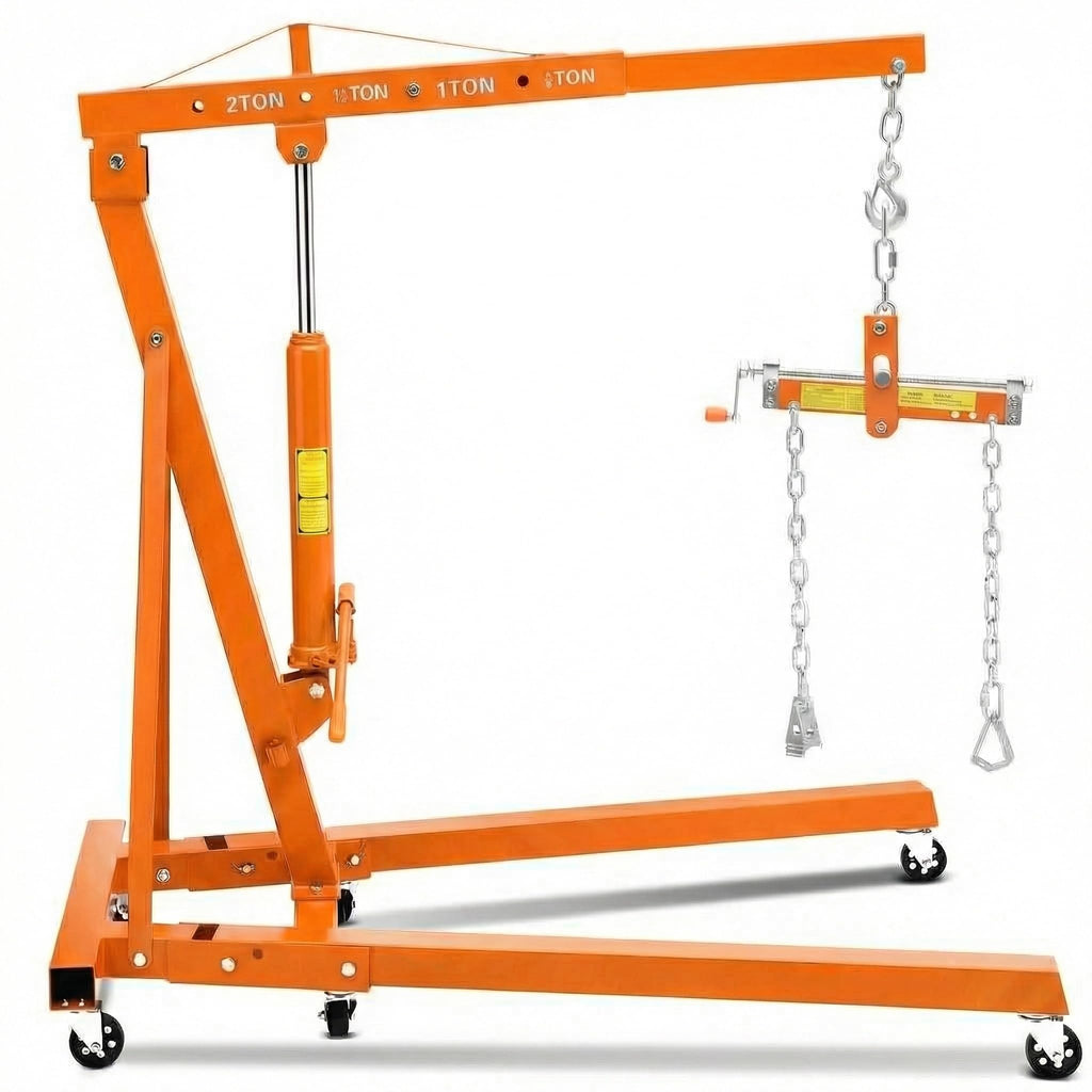 Garvee 2 Ton Hydraulic Engine Hoist with Lever Stabilizer, 4-Position Adjustable Boom, 360° Swivel Casters, High-Strength Steel, Foldable Design for Auto Repair Workshop