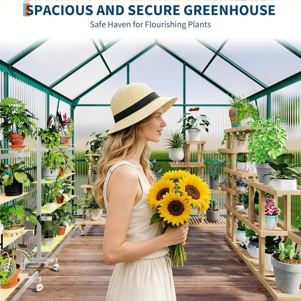 Garvee 6x6 FT Heavy Duty Polycarbonate Greenhouse Kit – Aluminum Frame, Lockable Sliding Door, Adjustable Roof Vent, Rain Gutter, Easy Setup, All-Weather Plant Greenhouse for Patio, Backyard, Garden