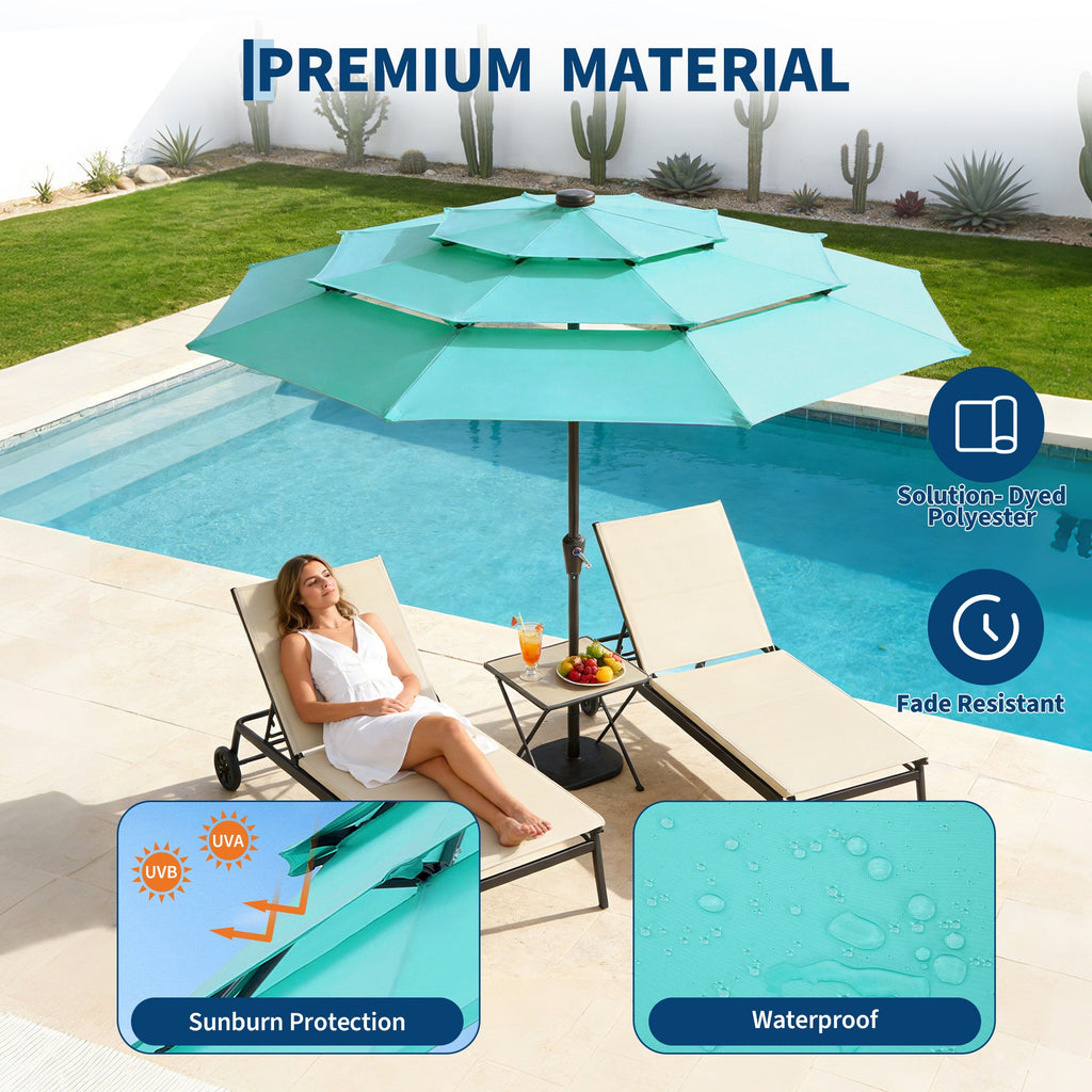 Garvee 9FT 3-Tier Solar LED Patio Umbrella, UV-Resistant Outdoor Market Umbrella with Crank & Tilt, 24 LED Lights & 8 Ribs, Light Blue