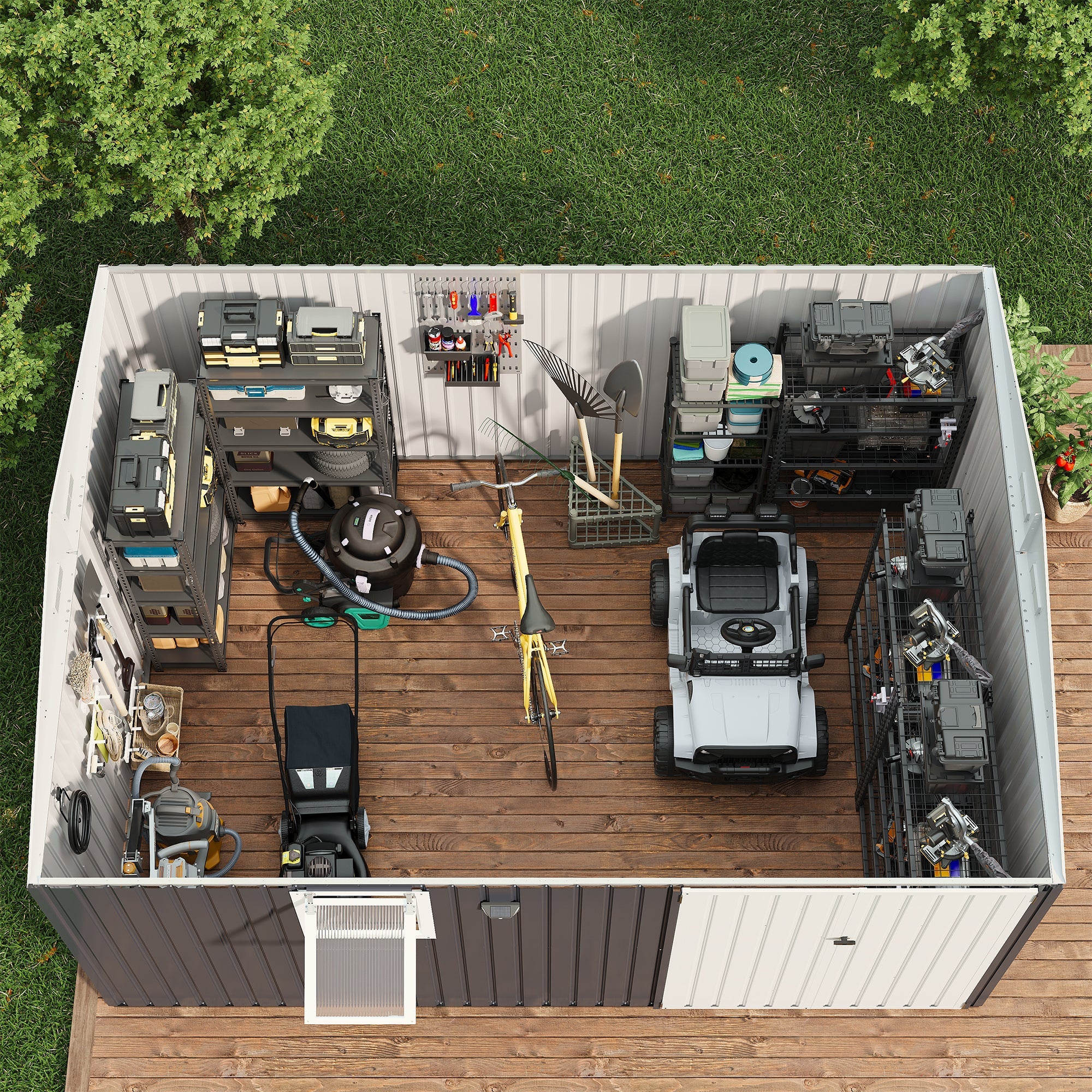Garvee 10' x 12' Metal Outdoor Storage Shed, Reinforced Galvanized Steel Garden Shed with Lockable Double Doors, Window, Vents, Pegboard & Solar Sensor Light, Weather-Resistant Backyard Storage Unit, Black