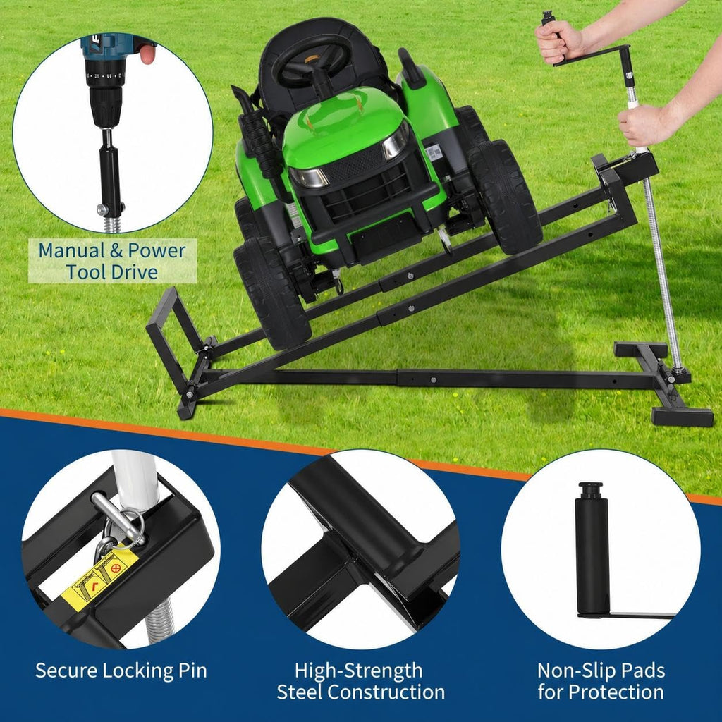 Garvee 880 LBS Heavy-Duty Lawn Mower Lift Jack, Telescopic Collapsible Maintenance Stand for Riding & Zero-Turn Mowers, Dual Operation Manual Hand Crank & Power Tool Adapter, Black