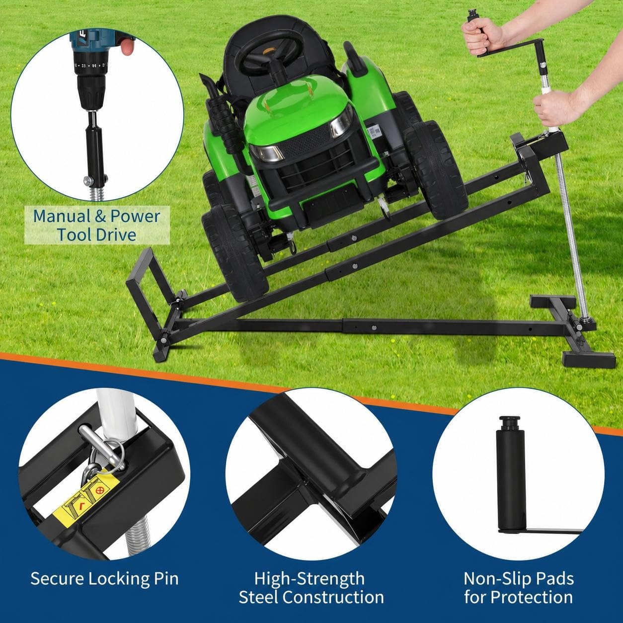 Garvee 880 LBS Heavy-Duty Lawn Mower Lift Jack, Telescopic Collapsible Maintenance Stand for Riding & Zero-Turn Mowers, Dual Operation Manual Hand Crank & Power Tool Adapter, Black