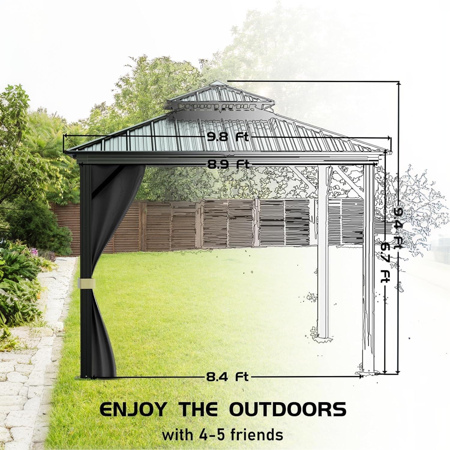 Garvee 10x10 ft Hardtop Gazebo, All-Weather Aluminum Alloy Frame Outdoor Pavilion with Double 27-Gauge Steel Roof, Curtains & Mosquito Netting for Patio, Deck & Backyard, Gray