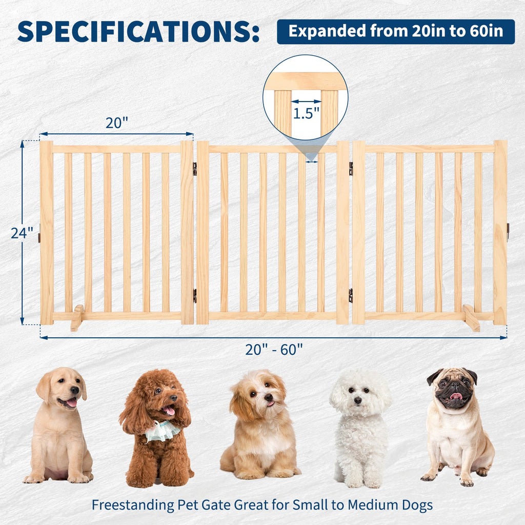 Garvee Wooden Freestanding Dog Gate, Collapsible Pet Gate with Support Feet, Indoor Dog Fence for The House,Doorways, Stairs，Expandable Pet Fence -3 Panel H:24”