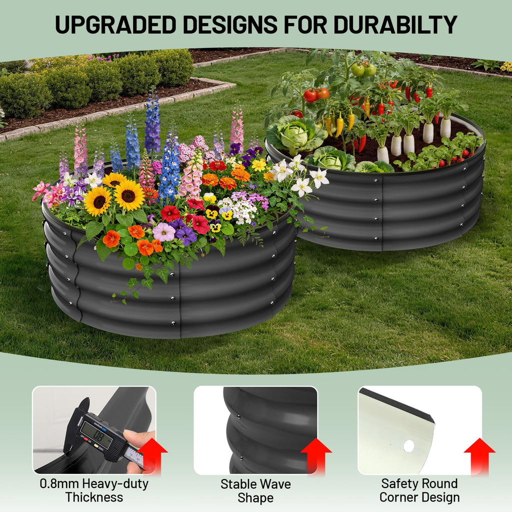 Garvee Round Galvanized Raised Garden Bed 3x3x1FT Heavy Duty Metal Planter Open Bottom Design Weather Resistant Anti-Rust Circular Wave Shape for Vegetables