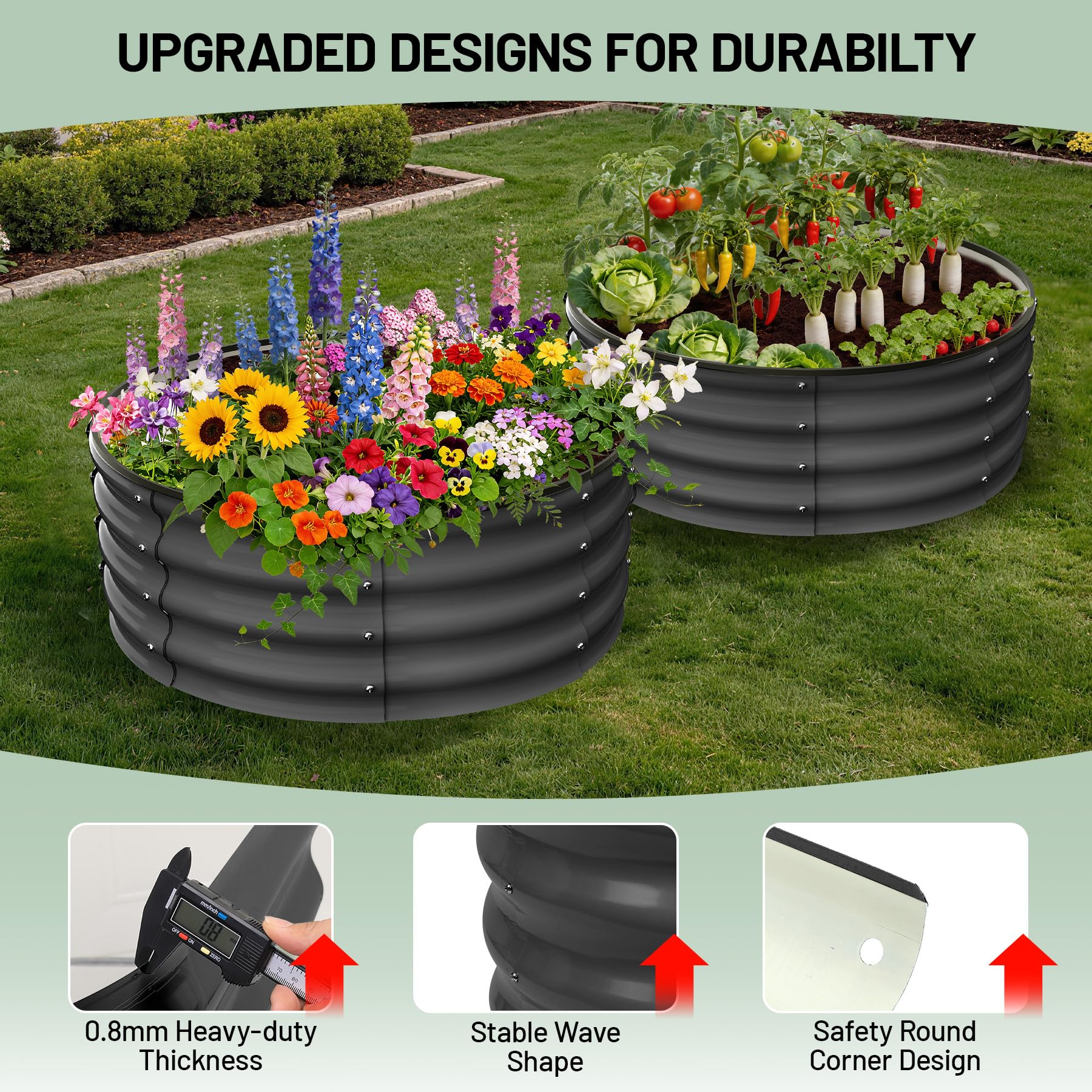 Garvee Round Galvanized Raised Garden Bed 3x3x1FT Heavy Duty Metal Planter Open Bottom Design Weather Resistant Anti-Rust Circular Wave Shape for Vegetables