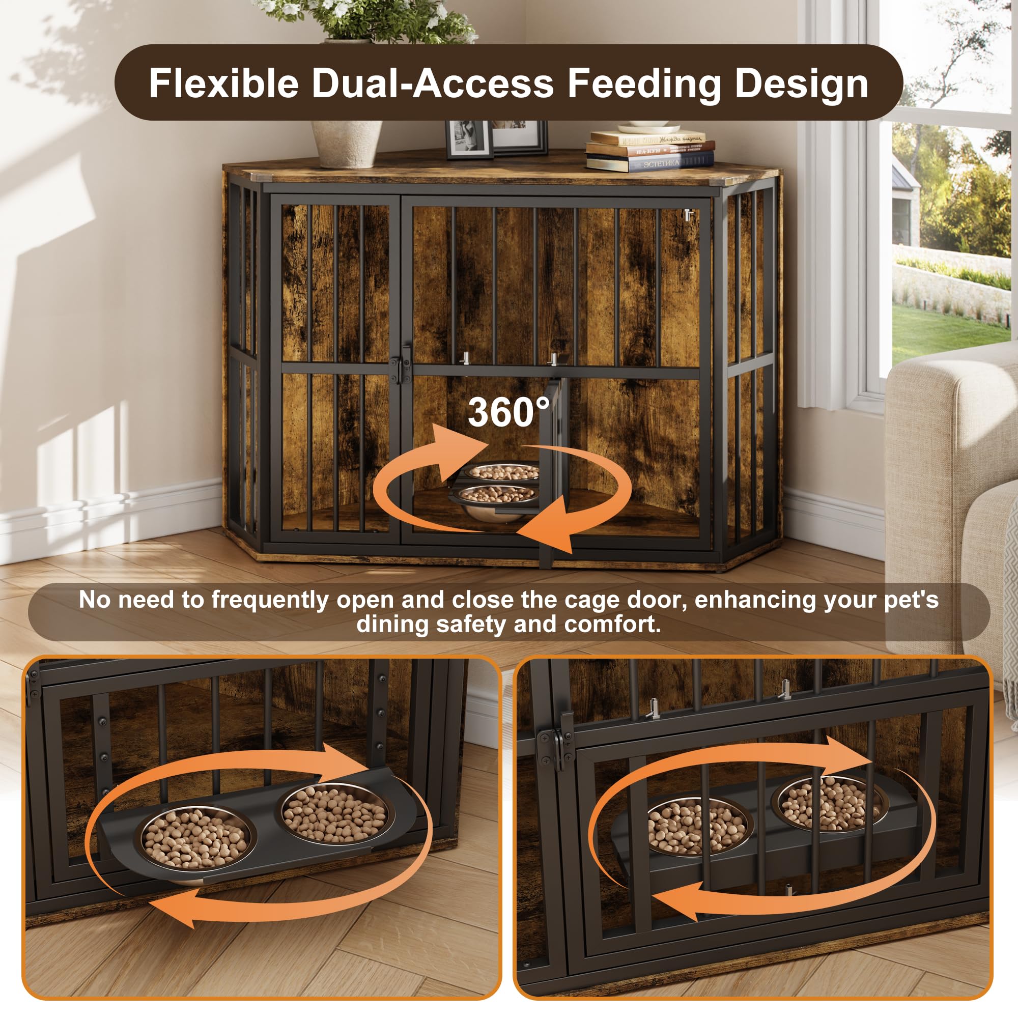 Garvee Space-Saving Corner Dog Crate Furniture – Wooden Indoor Kennel End Table with 360° Rotating Door, Stainless Steel Feeding Bowls, Decorative Design for Small Breeds, Vintage + Black Iron Frame, Brown