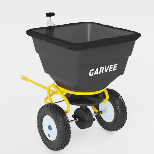 Garvee Tow-Behind Broadcast Spreader, 110 lbs Capacity with 10-Inch Pneumatic Tires, Universal Hitch and Feeder Cover for Seed, Fertilizer and Salt, Yellow