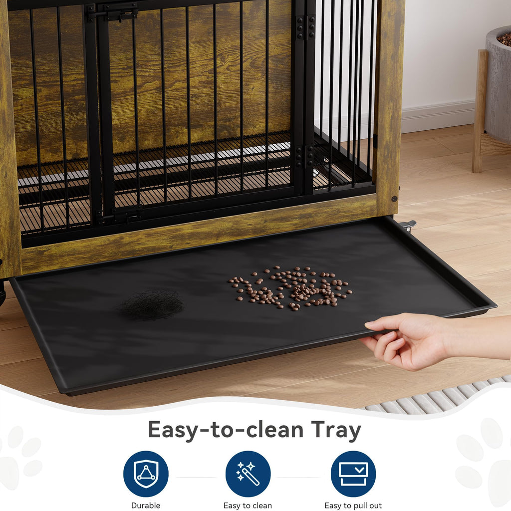Garvee 38.6" Heavy Duty Dog Crate Furniture with  3 Doors & Wheels, Rustic Indoor Kennel Furniture Pet Crate with Carbon Steel Bars & Removable Tray for Small to Medium Dogs