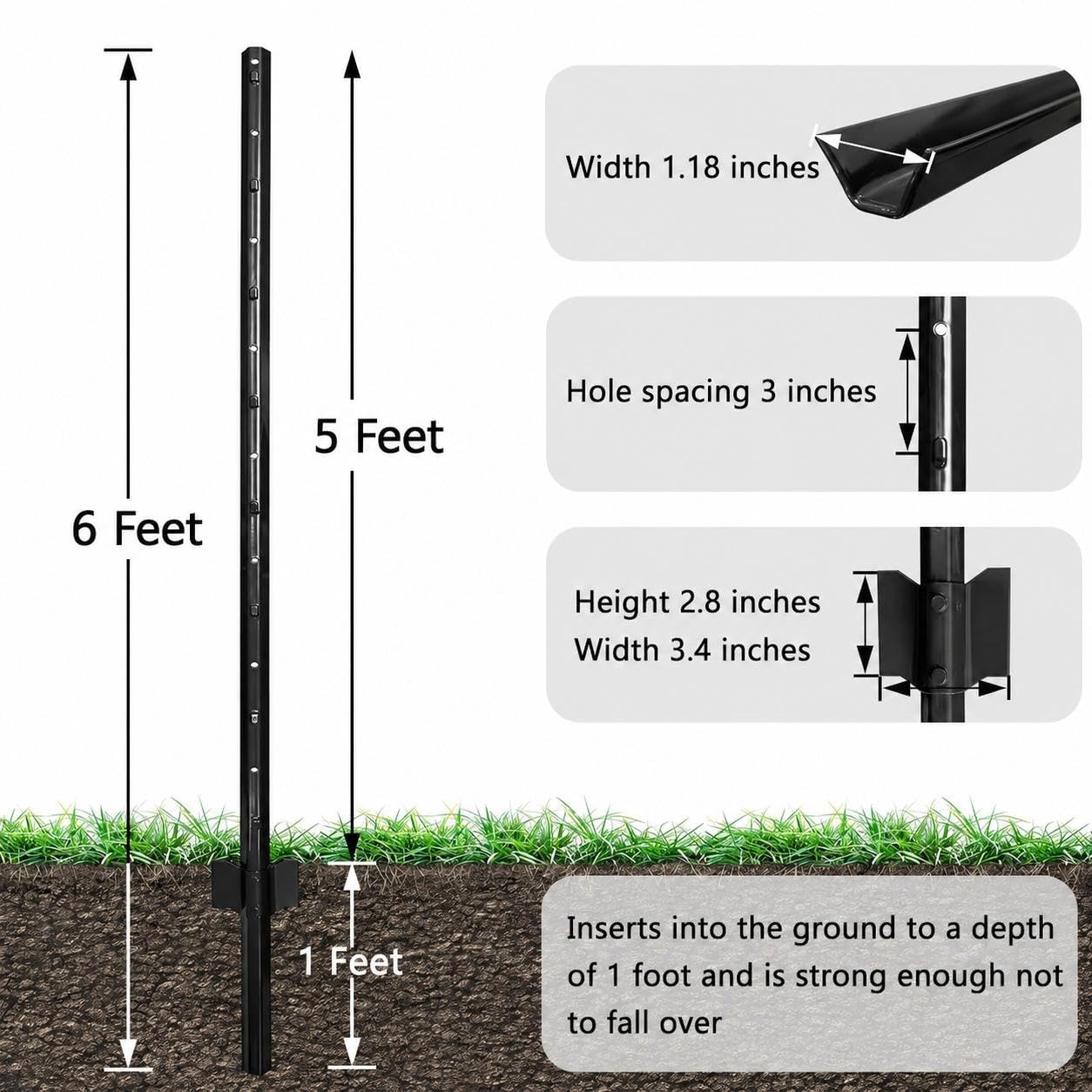 Garvee Heavy Duty U-Channel Fence Posts for Farm and Garden – 15 Pack, 6 Ft, Black Steel, Anchor Plates, No-Dig, Rust Resistant, Outdoor Wire Fencing Support, Black, 6Ft (182.9CM)