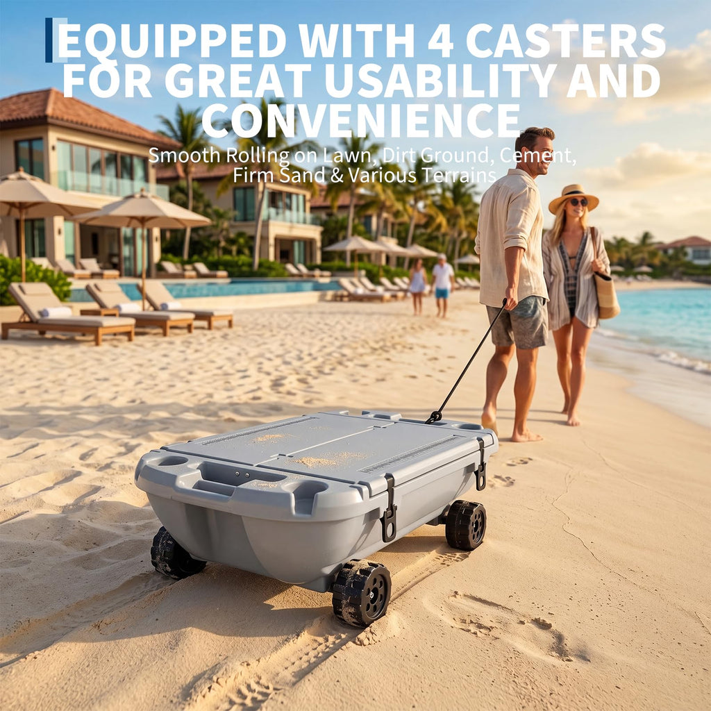 Garvee 40L Floating Cooler with Wheels, 42.5QT Rotomolded All-Terrain Ice Chest with Tow Rope & 4 Cup Holders, Drift Mobile Beverage Cooler for River, Pool, Beach, Kayak, Cool Gray