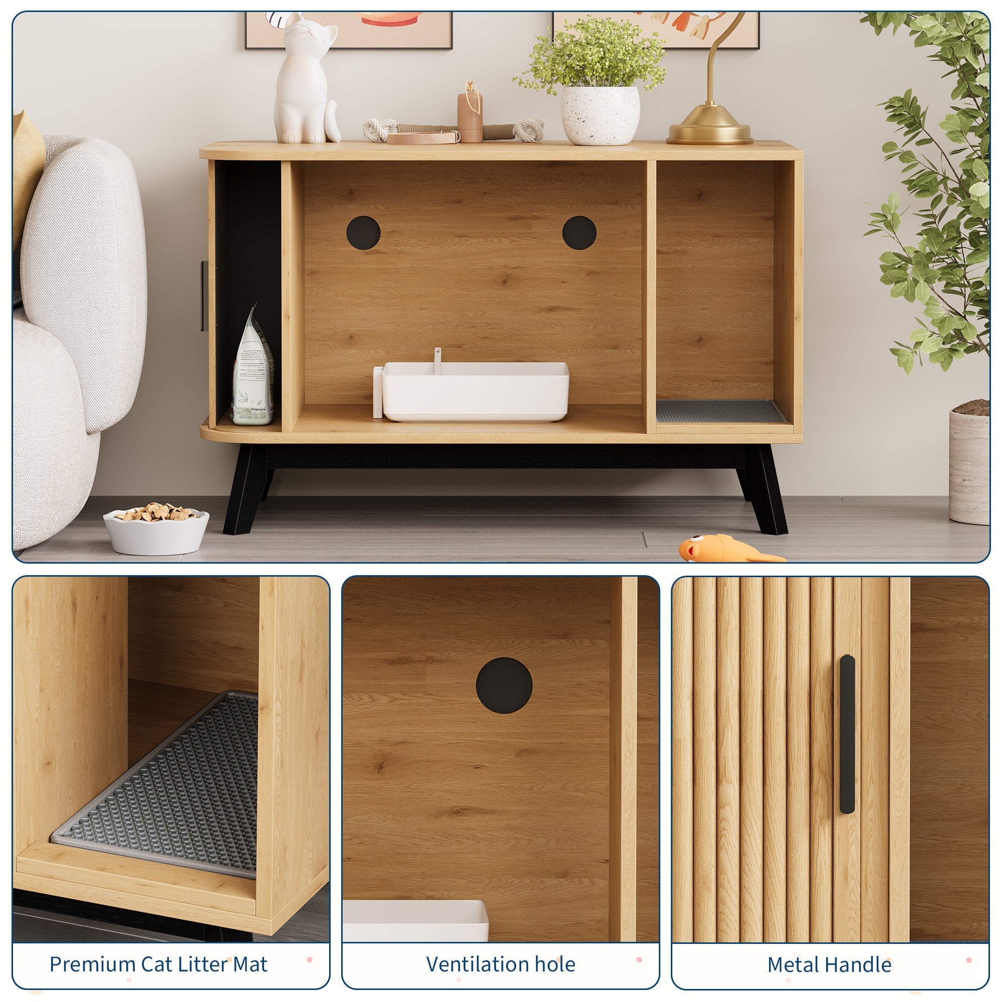 Garvee Modern Hidden Cat Litter Box Furniture – 39" Cat House Side Table with Sliding Door, Litter Mat, Multi-Functional Pet Enclosure for Living Room – Natural Wood Color
