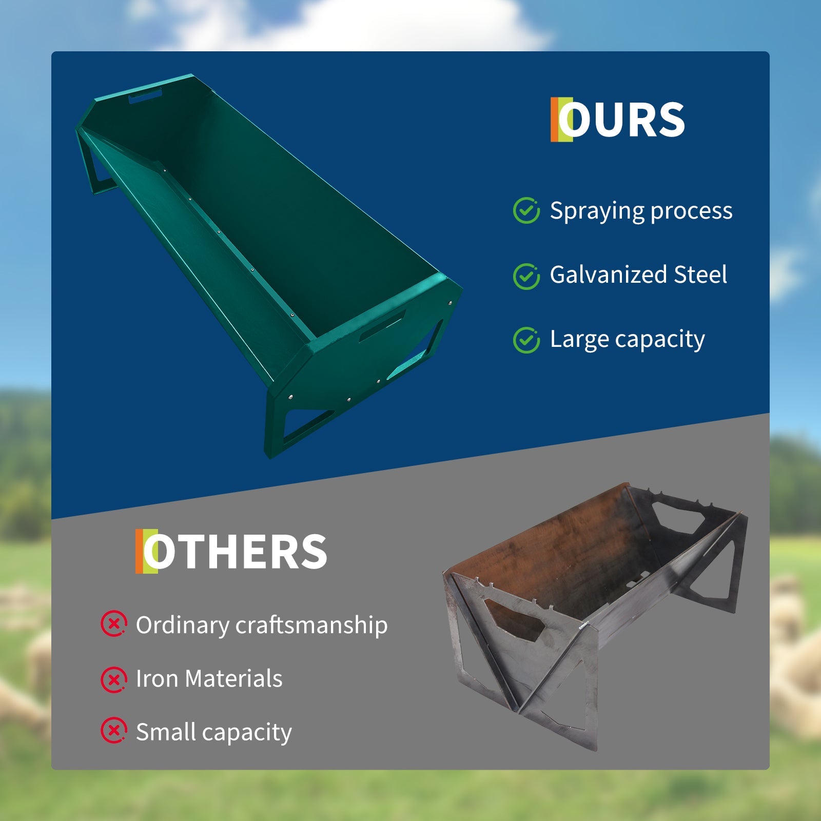 Garvee Livestock Feeder, 45.13" Hay Feeder for 10 Sheep Once, Heavy Duty 22 Gallon Capacity Livestock Feeding Trough for Horse, Goat, Sheep, Cattle, Cow, Alpaca, Dark Green