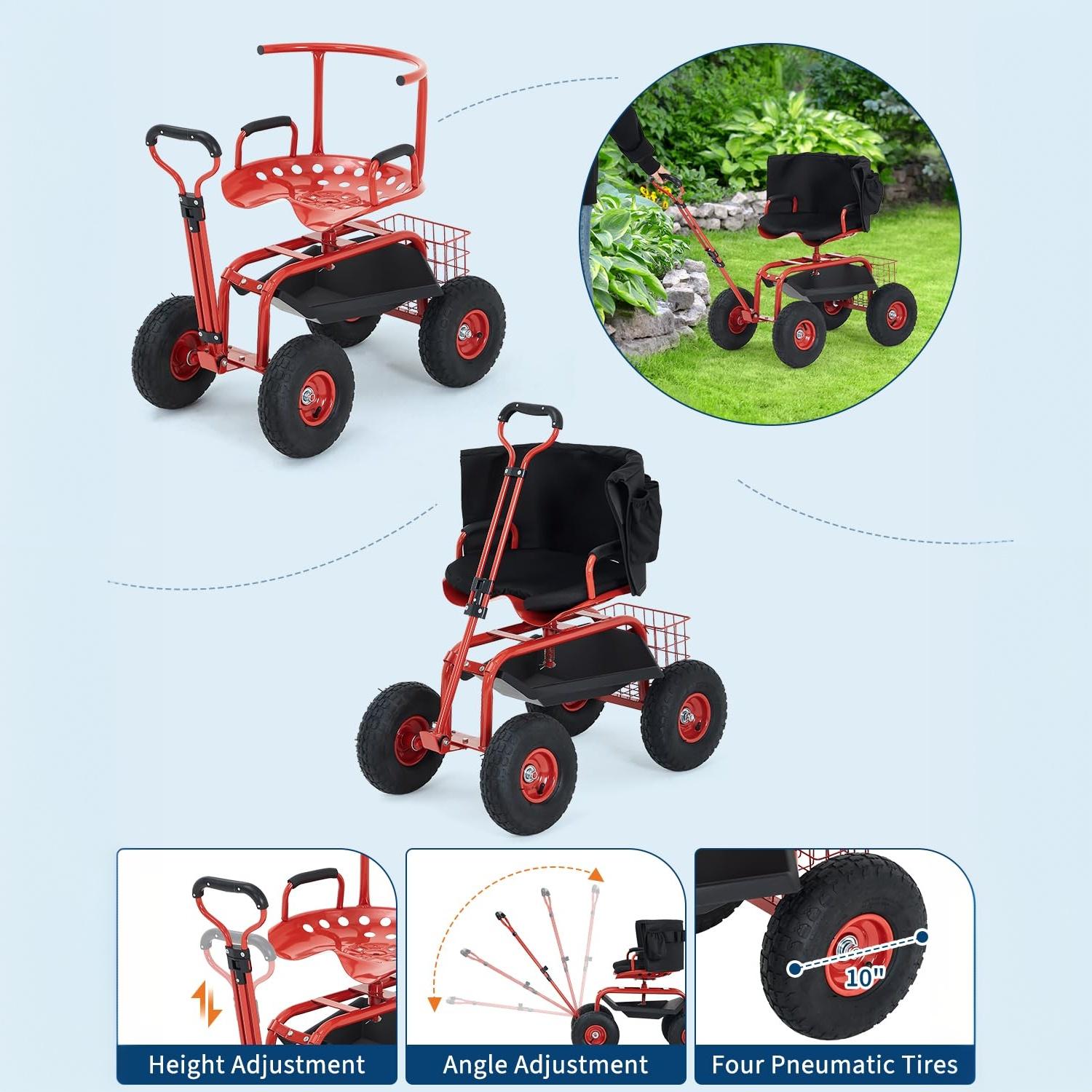 Garvee Rolling Garden Work Seat with Wheels, 360° Swivel Gardening Cart with Extendable Steering Handle, Tool Tray, Storage Basket & 10" Inflatable Tires, 400 lb Capacity Garden Scooter for Yard, Patio & Outdoor Use