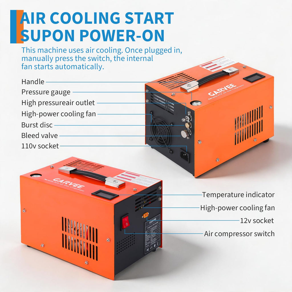 Garvee PCP Air Compressor - 4500PSI/30Mpa, 300W Oil-Free Fast Fill Pump with Built-in Manual Stop, Dual Power (12V DC & 110V/220V AC), Portable Air Pump for Airguns, Air Rifles, Paintball, and HPA Tanks (Compact)