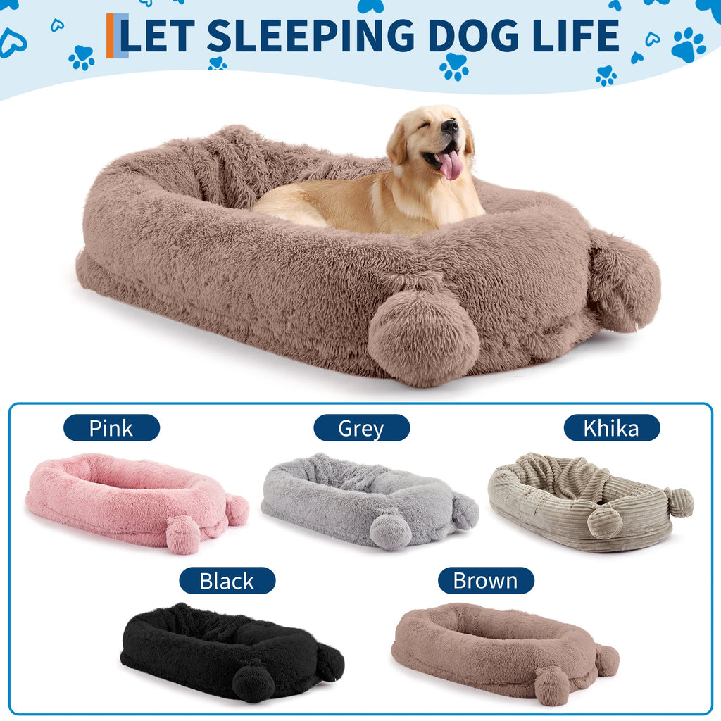 Garvee Human Dog Bed, 71 in x45 in x12 in Large Dog Bed with Blanket, Storage Pockets, Portable Handle, Removable Cover, Human Size Pet Bed for Adult, Khaki