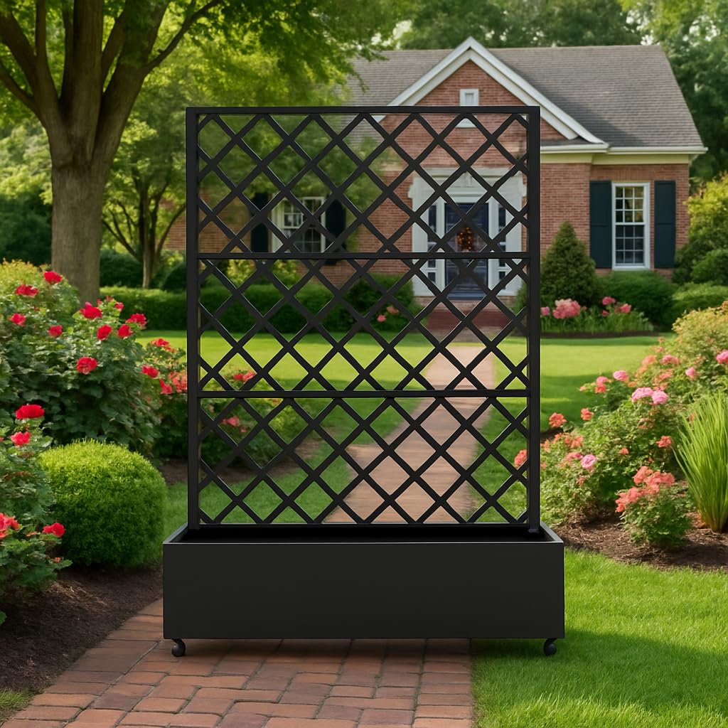 Garvee Metal Planter Box with Diamond Lattice Trellis - 72"x47" Galvanized Raised Garden Bed on Wheels for Climbing Plants and Vines, Black Finish