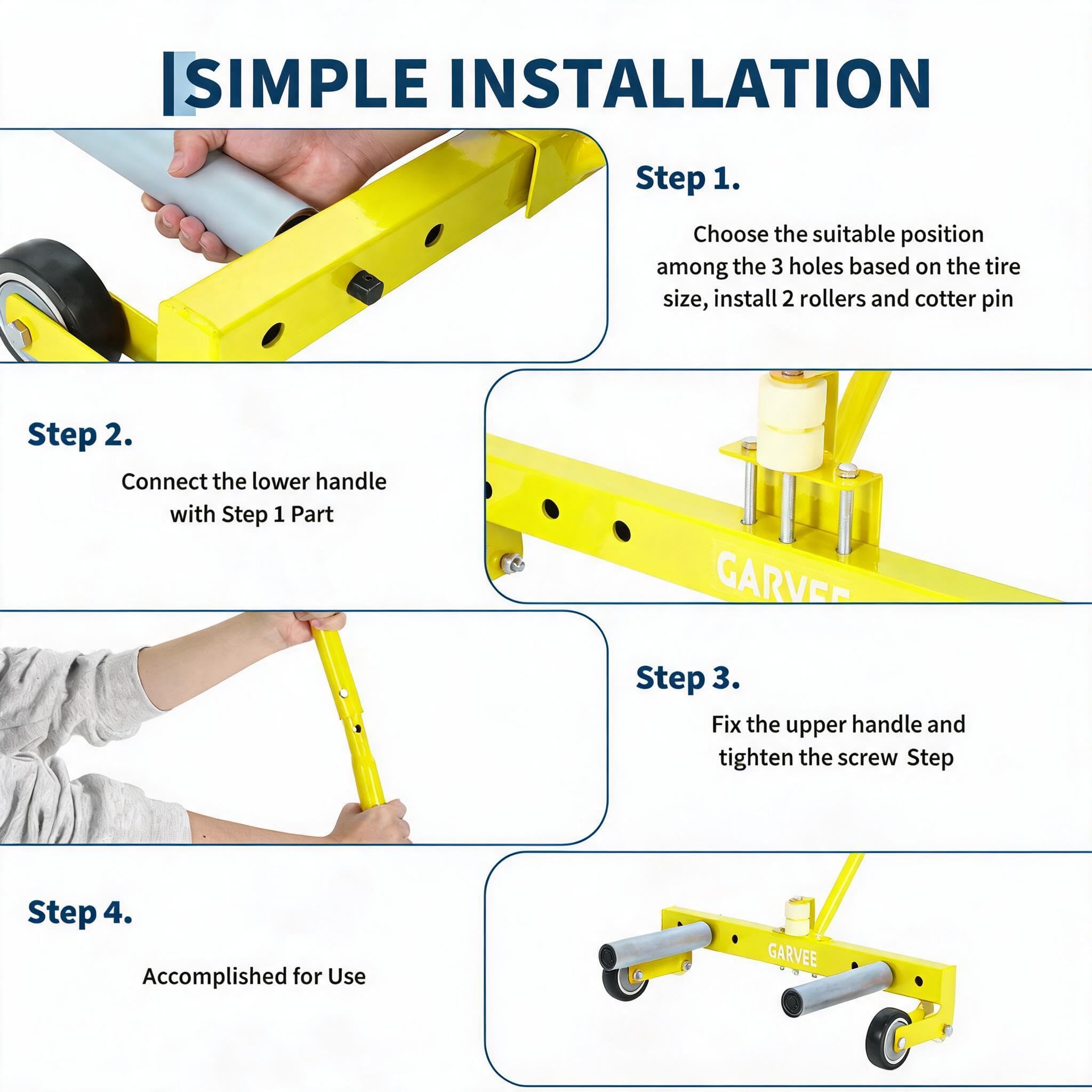 Garvee Heavy Duty Adjustable Tire Wheel Dolly – 330lbs Capacity, 23.5"-43.5" Width, 8in 360° Rollers – For Semi Truck, SUV, ATV, RV, Trailer – Industrial Tire Lifter Cart – Yellow
