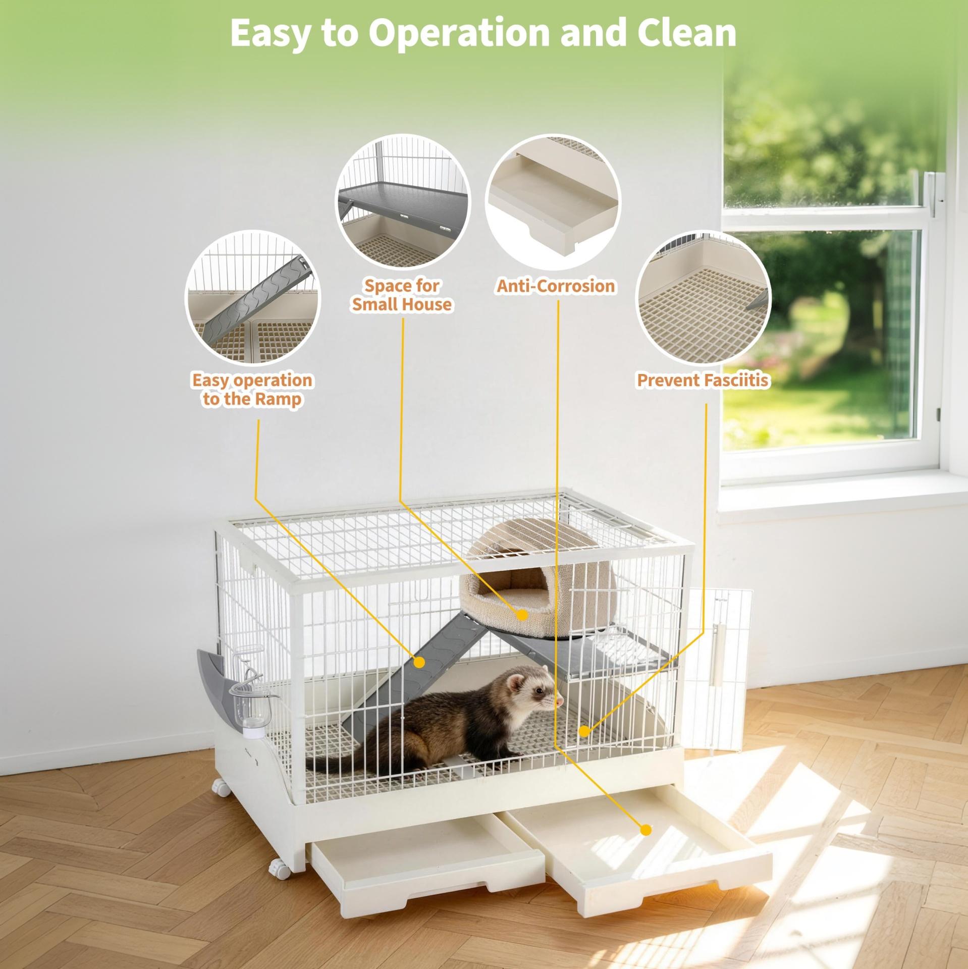 Garvee Small Animal Cage, Durable Large Rabbit Hutch, 33“ Small Animal Cage with 2 Removable Tray, Ramp, 6 Casters, Water & Hay Feeder, Indoor & Out Door Use for Rabbit, Hamster