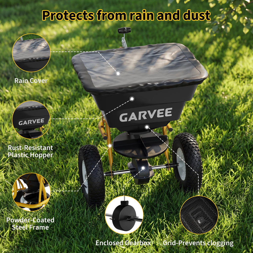 Garvee 85 lb Tow-Behind Broadcast Spreader with Adjustable Flow Control, 10-Inch Pneumatic Tires, Steel Frame & Universal Hitch for Seed, Fertilizer, Salt and Ice Melt, Black & Yellow