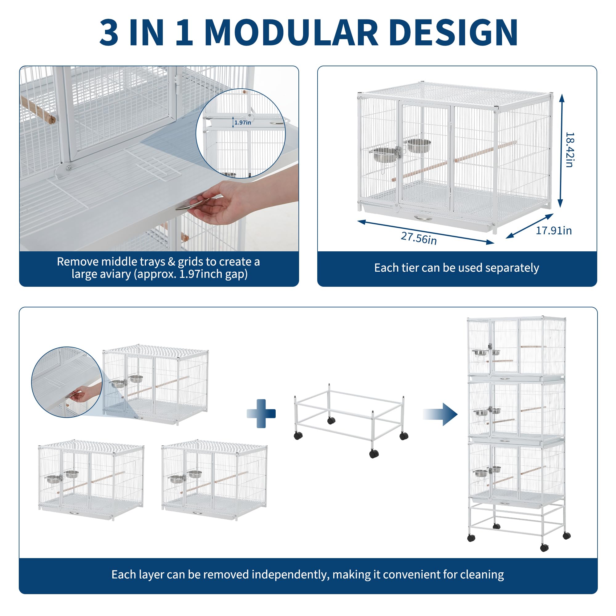 Garvee Heavy Duty Large Bird Cage - 74 Inch Stackable Aviary with 3 Dividable Compartments, Removable Trays, Spacious Flight Enclosure for Parakeets, Cockatiels, Conures, Finches, Easy Clean - White