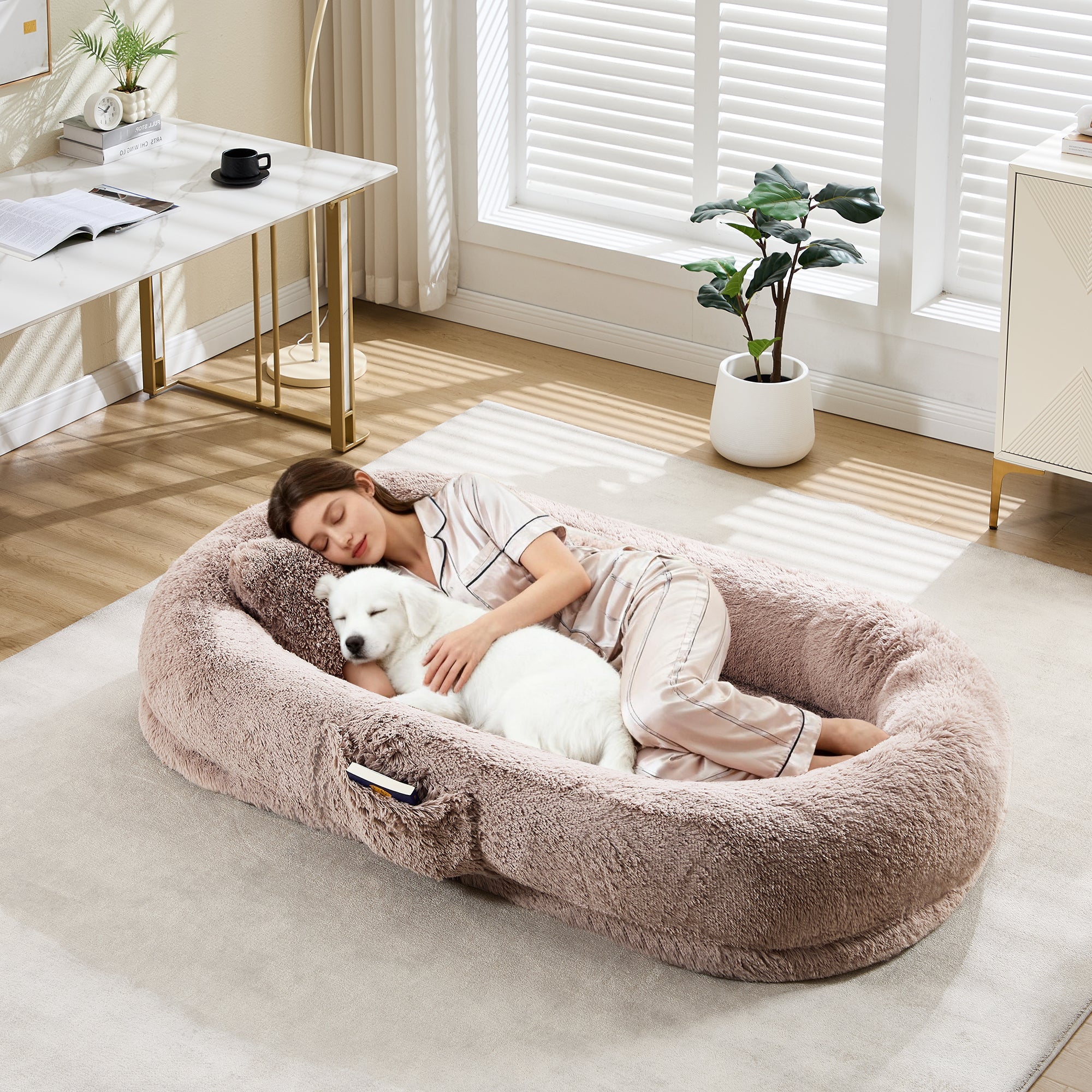 Garvee Orthopedic Soft Faux Fur Human Dog Bed for Adults & Pets – Large 67"x43"x8" Lounger, Removable Pillow, Side Pocket, Handle, Washable Cover, No Assembly, Bean Bag Style, Light Brown