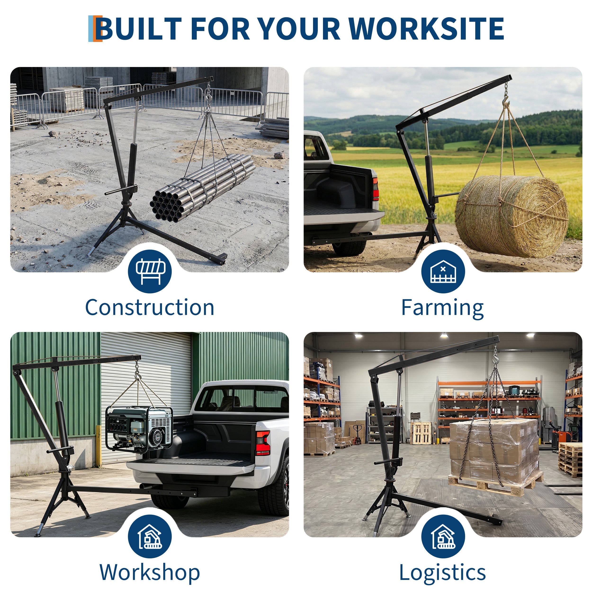 Garvee Heavy Duty Pickup Truck Crane– 1000 Lbs Capacity Hitch Mount Crane with 360° Swivel & Adjustable Boom, Heavy Duty Steel Shop Crane for Garage, Black