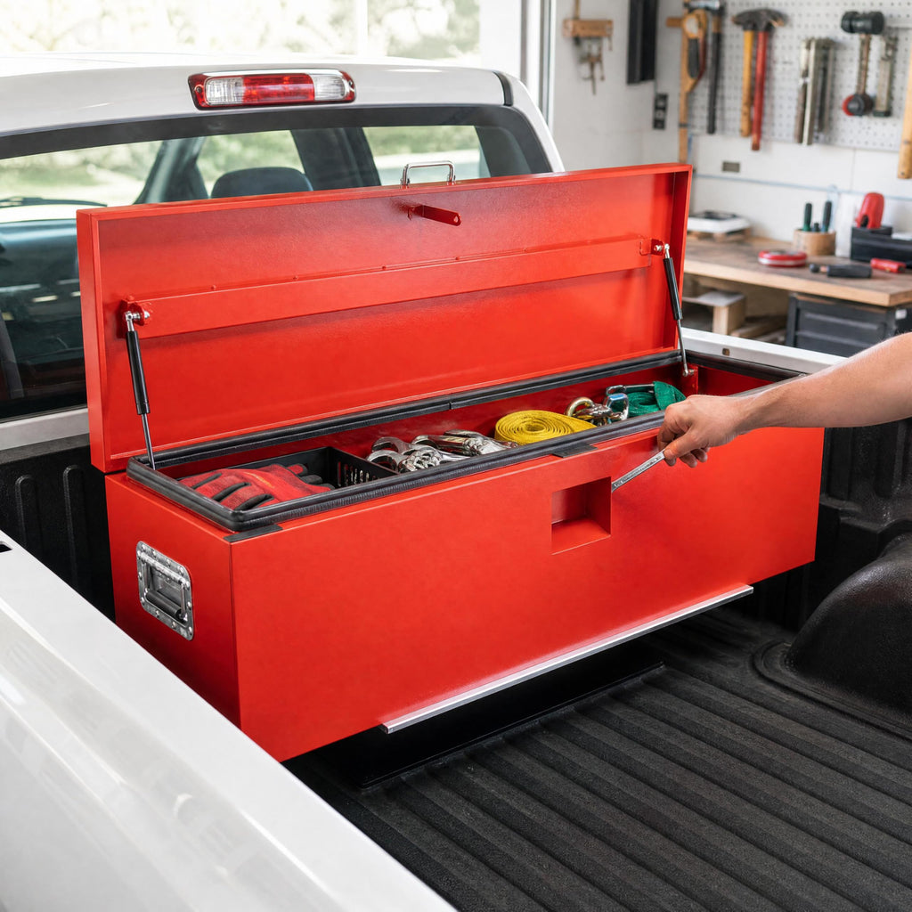 Garvee 48"X16"X14" Heavy Duty Lockable Steel Truck Bed Toolbox – Dual Lids, Weatherproof Powder-Coated, Gas Struts, Front & Side Handles for Pickup, RV, Trailer, REd