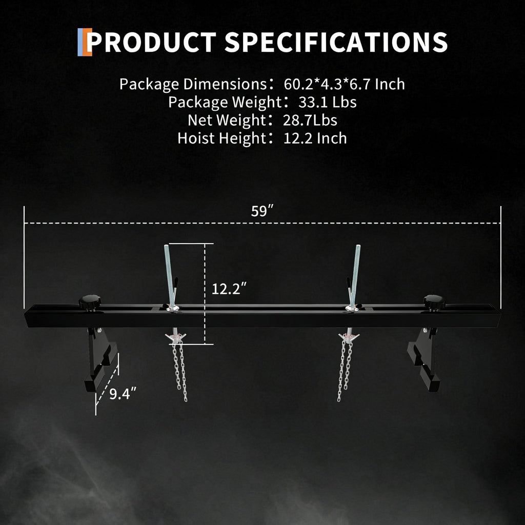 Garvee Engine Support Bar – 1100 lbs Heavy Duty Engine Hoist with Dual Hooks – 2 Point Lift Holder for Engine Removal & Repair – Perfect for Home Garage & Auto Workshop – 1.5m Load Equalizing Device Unit, Black, Includes a Pair of Gloves