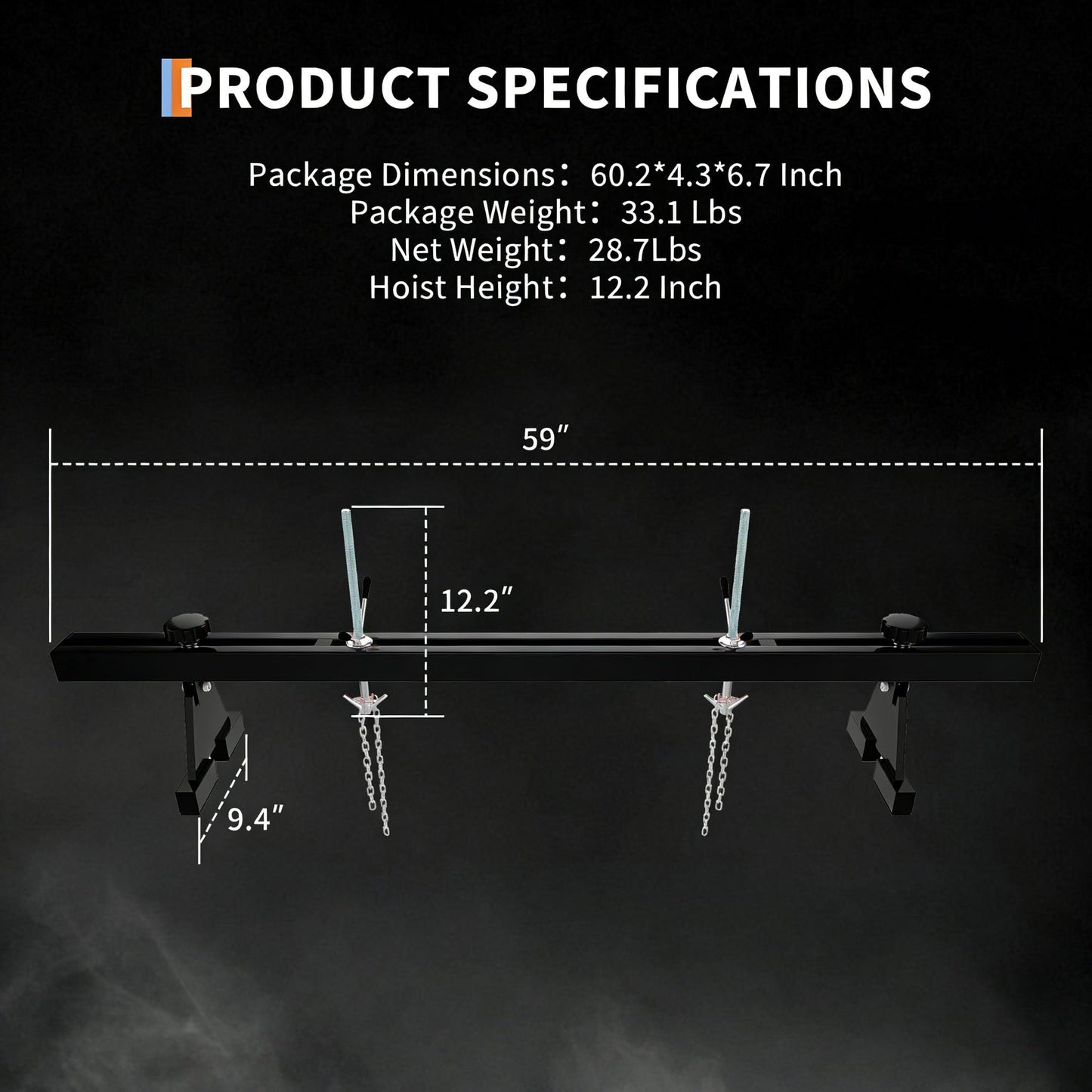 Garvee Engine Support Bar – 1100 lbs Heavy Duty Engine Hoist with Dual Hooks – 2 Point Lift Holder for Engine Removal & Repair – Perfect for Home Garage & Auto Workshop – 1.5m Load Equalizing Device Unit, Black, Includes a Pair of Gloves