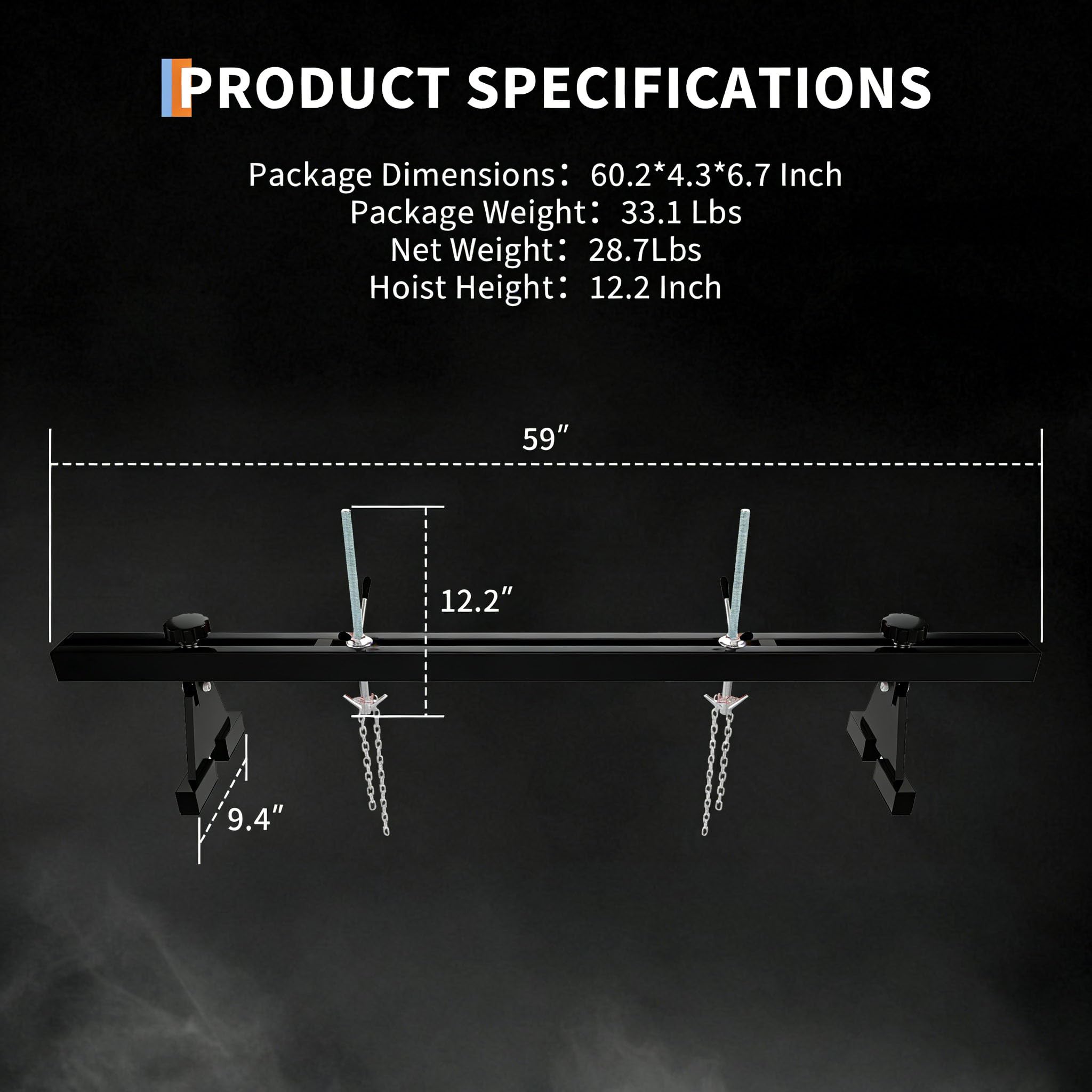 Garvee Engine Support Bar – 1100 lbs Heavy Duty Engine Hoist with Dual Hooks – 2 Point Lift Holder for Engine Removal & Repair – Perfect for Home Garage & Auto Workshop – 1.5m Load Equalizing Device Unit, Black, Includes a Pair of Gloves