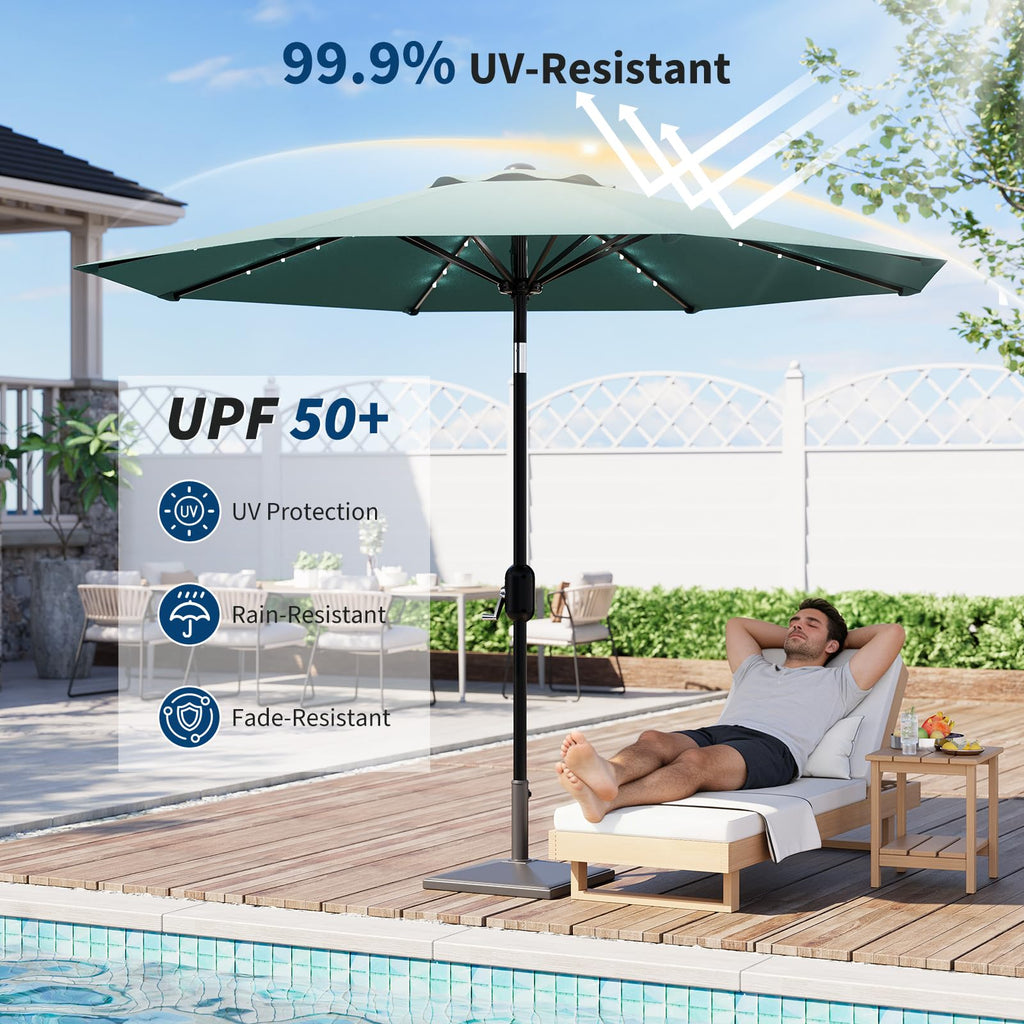 Garvee 10 FT Patio Umbrella with Solar Lights, Outdoor Table Umbrella with 8 Durable Ribs, Tilt & Crank Mechanism, Waterproof & UV Protection for Garden, Backyard, Poolside, Light Blue