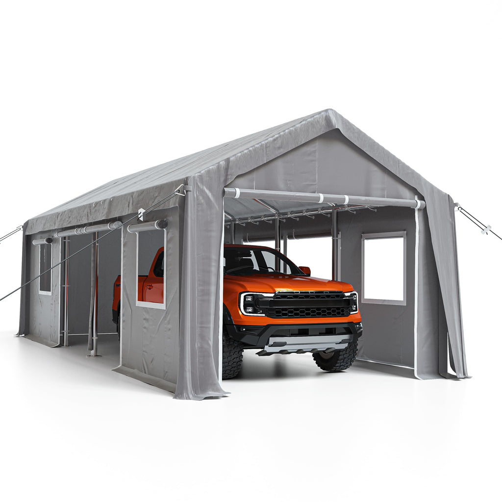 Garvee 10 x 20 FT Carport Replacement Cover Kit, 200G PE Tarp with Front & Rear Zipper Doors, 2 Roll-Up Side Openings and 4 Mesh Windows, Gray, Frame Not Included