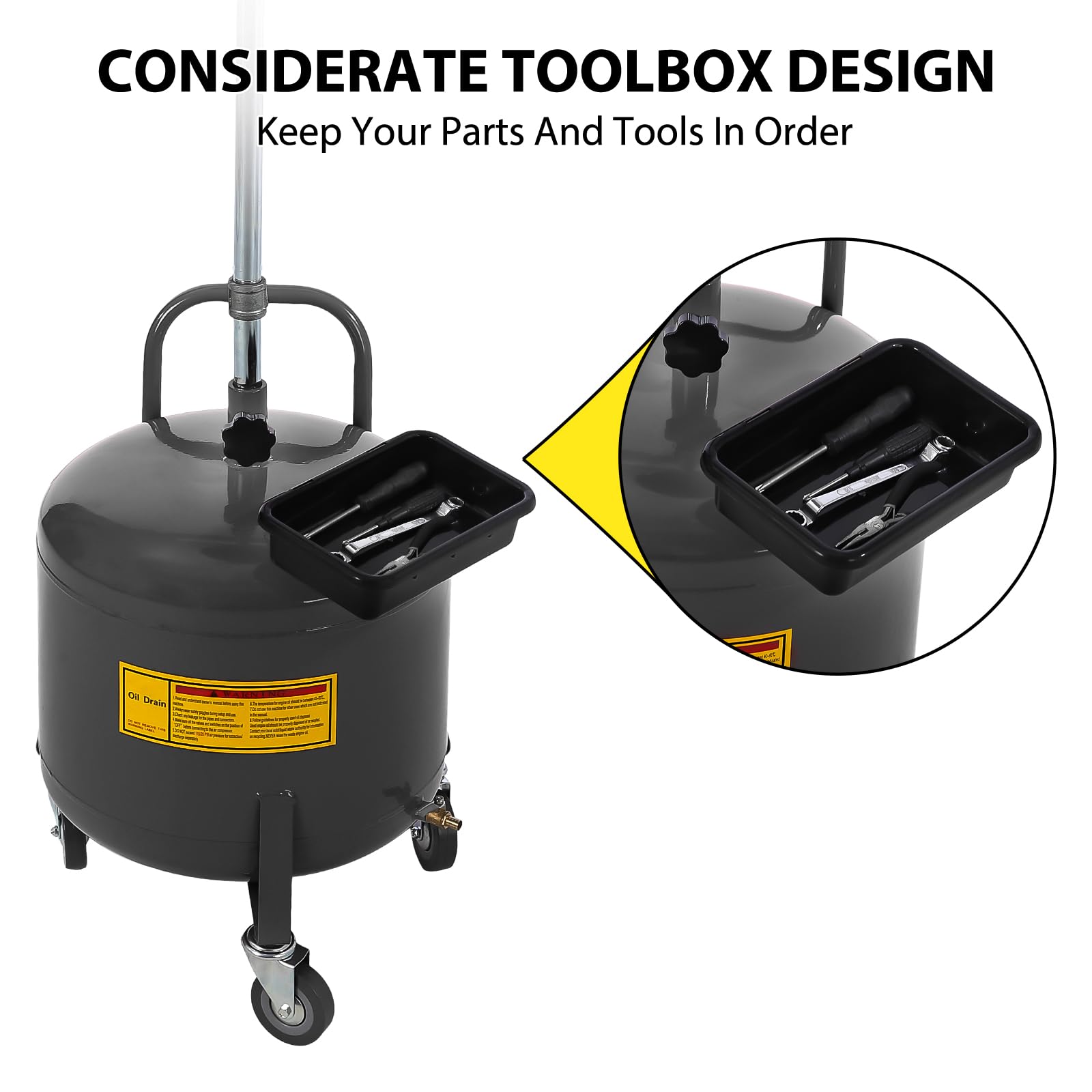 Garvee 20 Gallon Oil Drain Tank Portable Air Operated Drainer Adjustable Funnel Height Steel with Wheels Toolbox for Auto Repair Shops, Black
