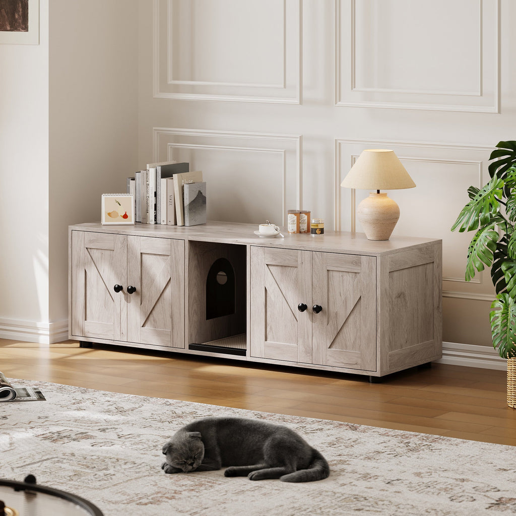 Garvee Cat Litter Box Enclosure for 2 Cats, Hidden Litter Box Furniture Cabinet with Double Room, Double Cat Litter Box Enclosure, Indoor Cat House, 43.4 x 18.1 x 17.7 Inches
