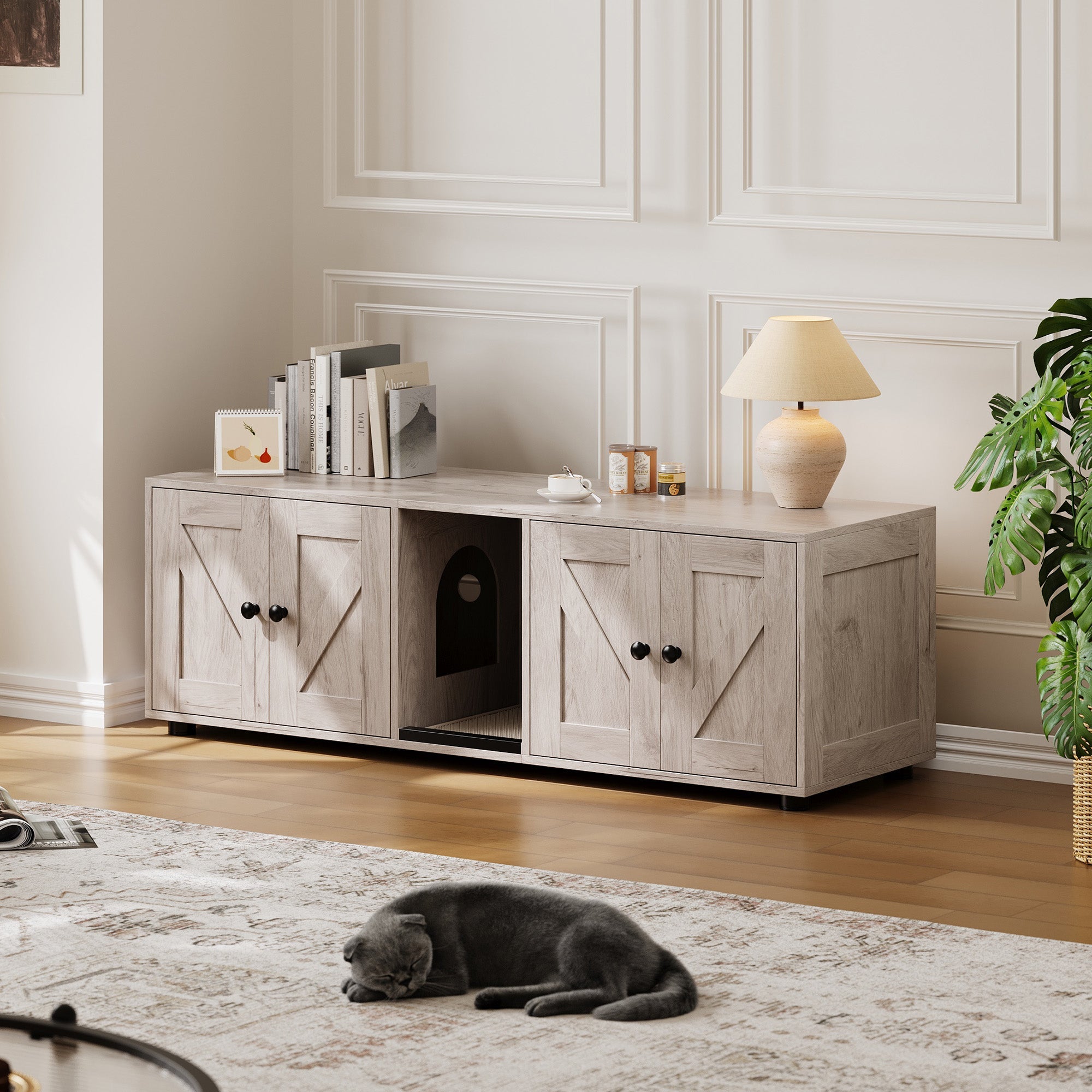 Garvee Cat Litter Box Enclosure for 2 Cats, Hidden Litter Box Furniture Cabinet with Double Room, Double Cat Litter Box Enclosure, Indoor Cat House, 43.4 x 18.1 x 17.7 Inches