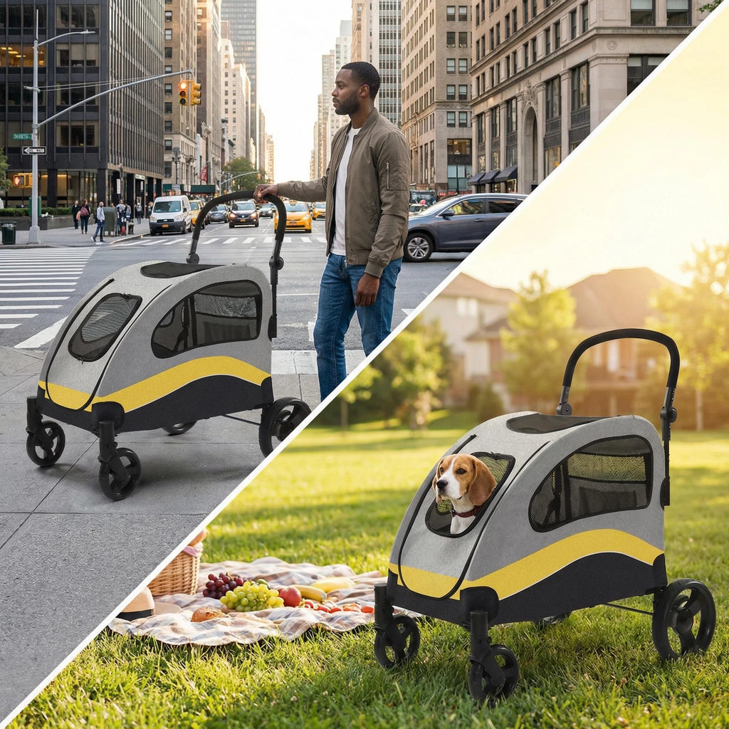 Garvee Foldable Dog Stroller, Large Dog Carrier with 360° Wheels, Adjustable Handle & Storage Pocket, Portable Puppy Travel Strollers, Pet Wagon for Large Dogs, 135 Lbs Capacity, Yellow