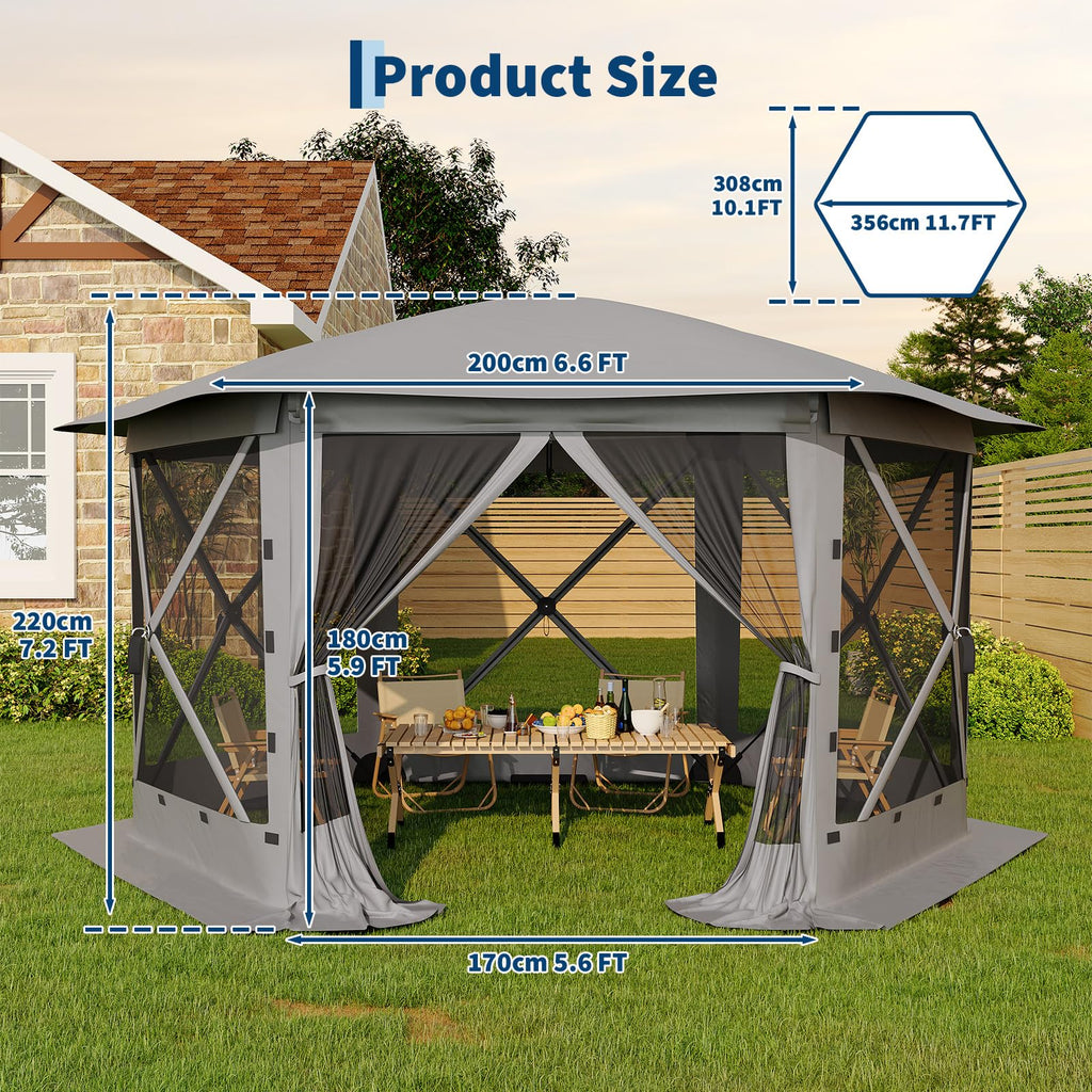 Garvee 10 x 12 FT Screen Tent, 6-Sided Pop-Up Gazebo with Removable Canopy, Waterproof UV-Resistant Mesh Shelter for Camping, Patio & Backyard, Gray