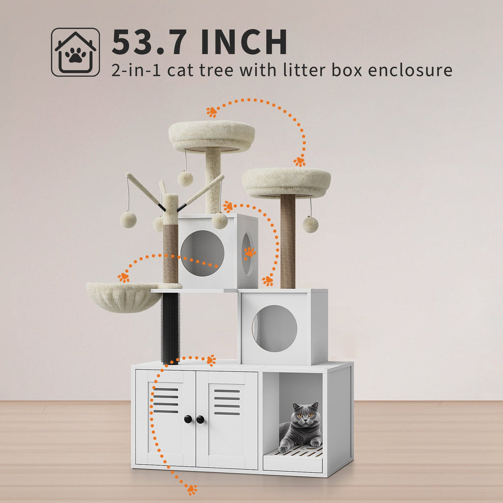 Garvee 53.7-Inch Litter Box Enclosure with Cat Tree, 2-in-1 Modern Large Cat Tower for Indoor Cats with Condo/Hammock/Scratching Post/Plush Perch/Caves, Wooden Hidden Litter Box Furniture, White