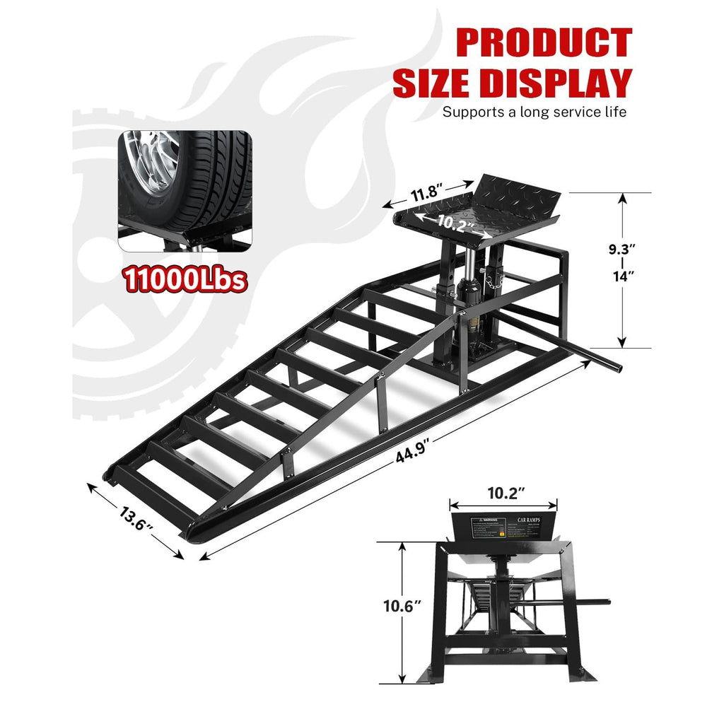 Garvee Hydraulic Car Ramps - 5T 11000lbs Capacity, Adjustable Height (9.3"-14"), Steel with Anti-Slip Plate, Ring Chain Bolt for Cars, SUVs, and Ligh, Black