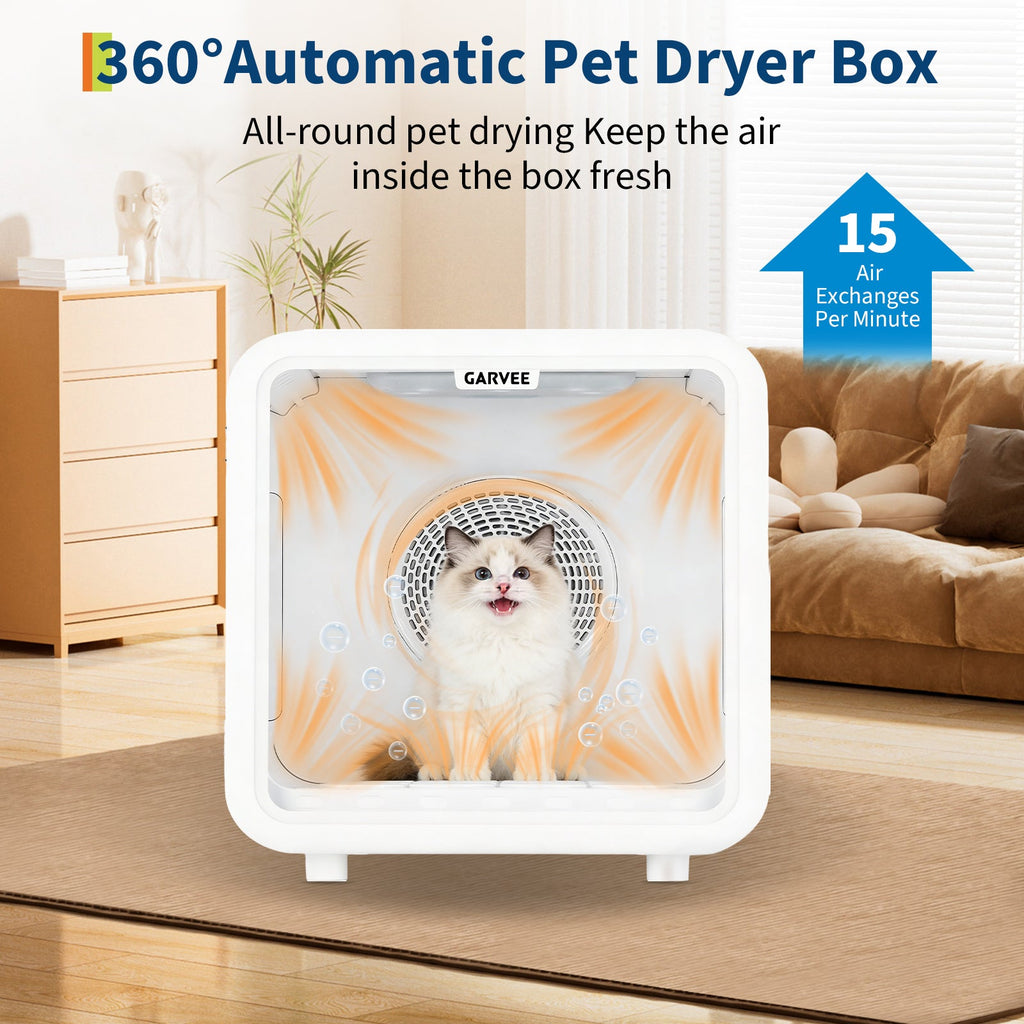 Garvee 72L Pet Dryer Box for Cats & Small Dogs, 360° Airflow Drying Machine with Smart Temperature Control, Low Noise & LED Display, 5 Air Outlets, White