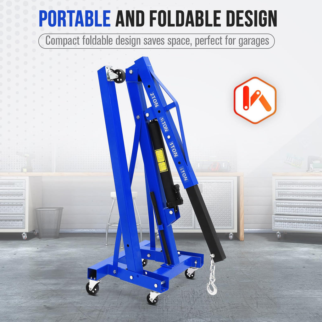 Garvee 2 Ton Hydraulic Engine Hoist with Lever Stabilizer, Adjustable Telescopic Boom, High-Strength Steel, 360° Swivel Casters, Foldable Frame for Auto Repair Workshop