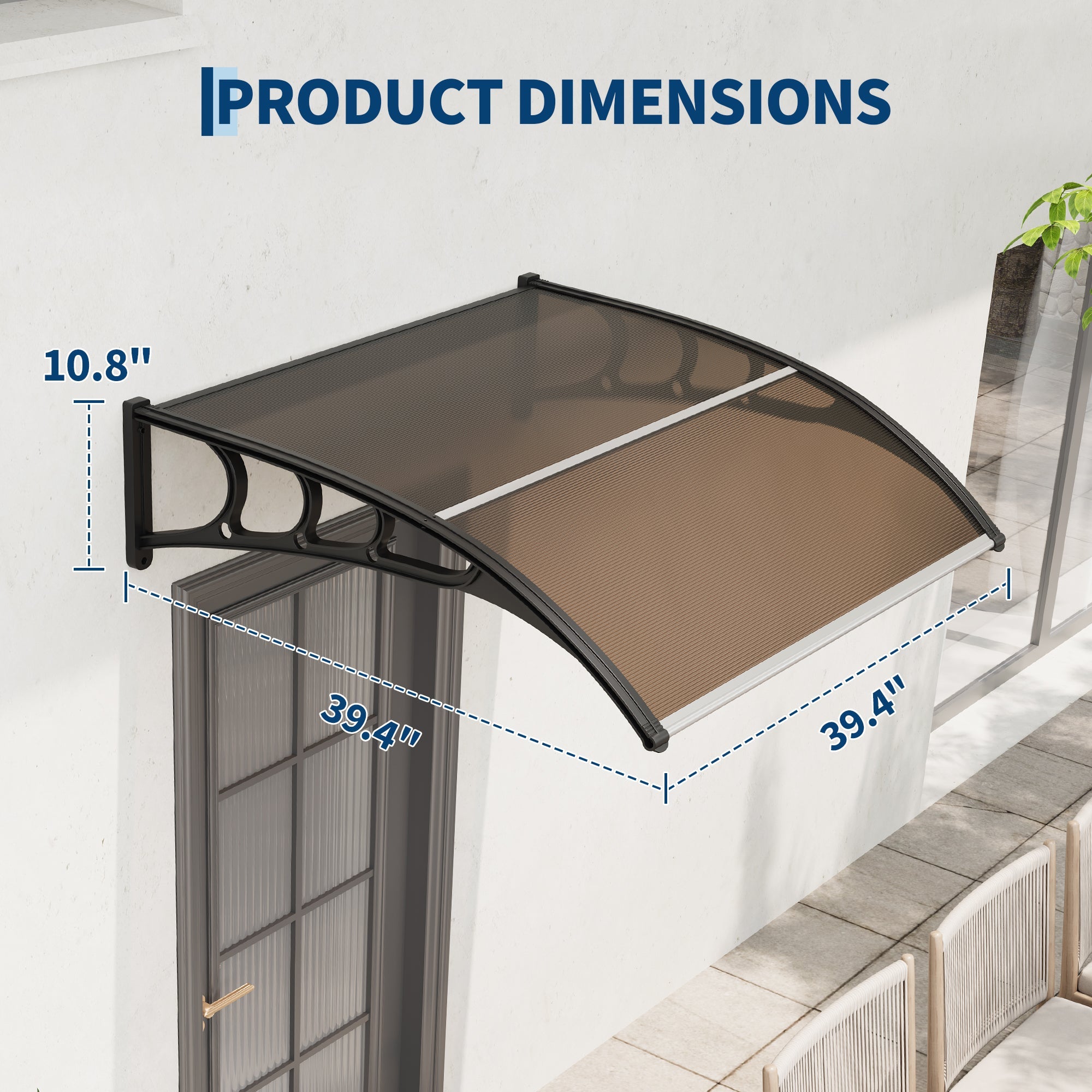 Garvee 40" x 40" Polycarbonate Door & Window Awning Canopy, UV & Rain Protection Outdoor Cover with Plastic Steel Brackets, Brown