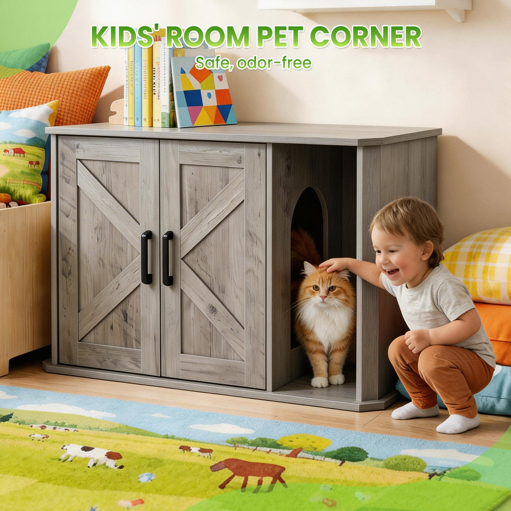 Garvee Modern Wooden Cat Litter Box Furniture – Double-Door Hidden Washroom Cabinet with Side Entry – Easy to Clean, Odor Resistant – Large Cat House End Table – Gray Color